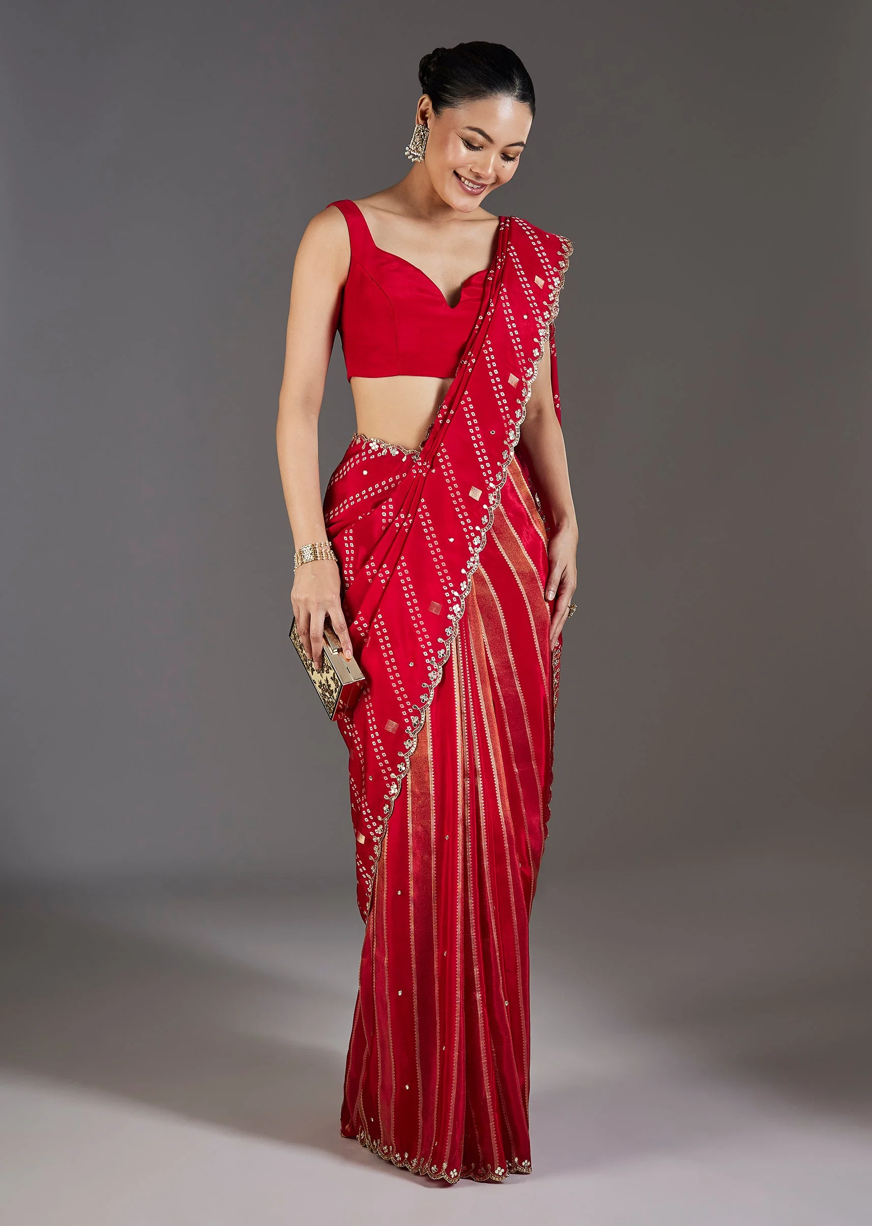 Red Dola Silk Lehriya Saree - Image 3