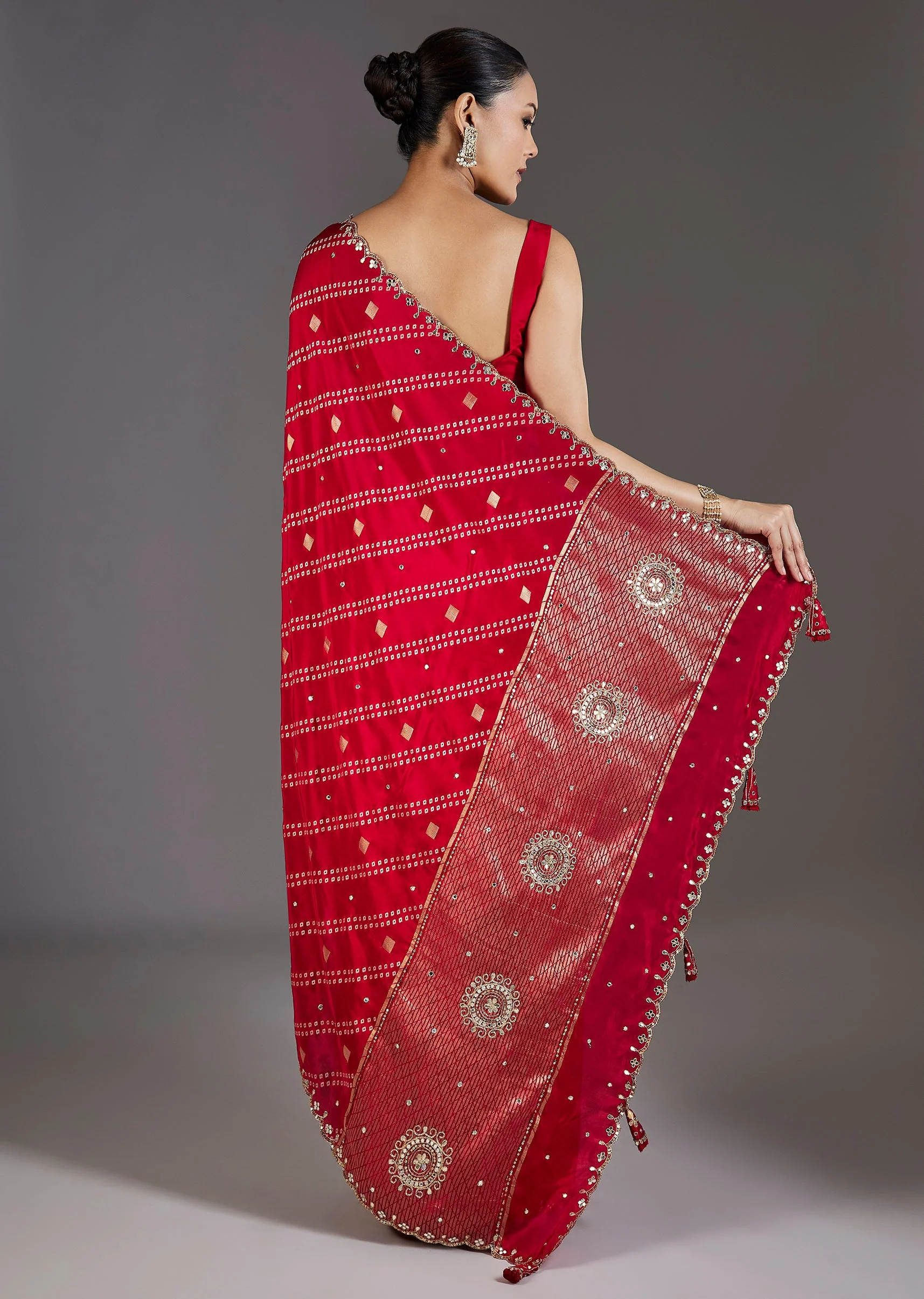 Red Dola Silk Lehriya Saree - Image 4