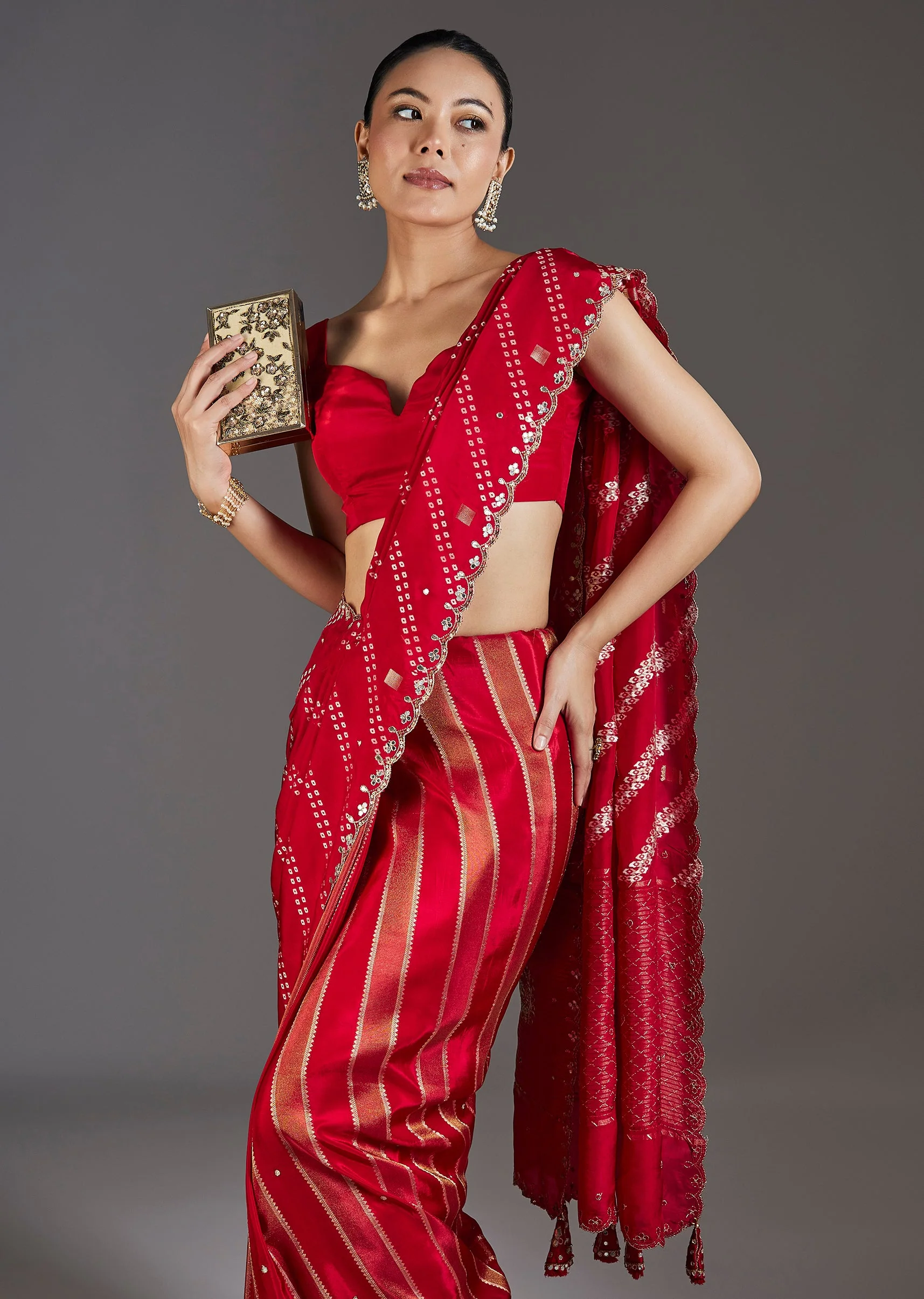 Red Dola Silk Lehriya Saree - Image 5