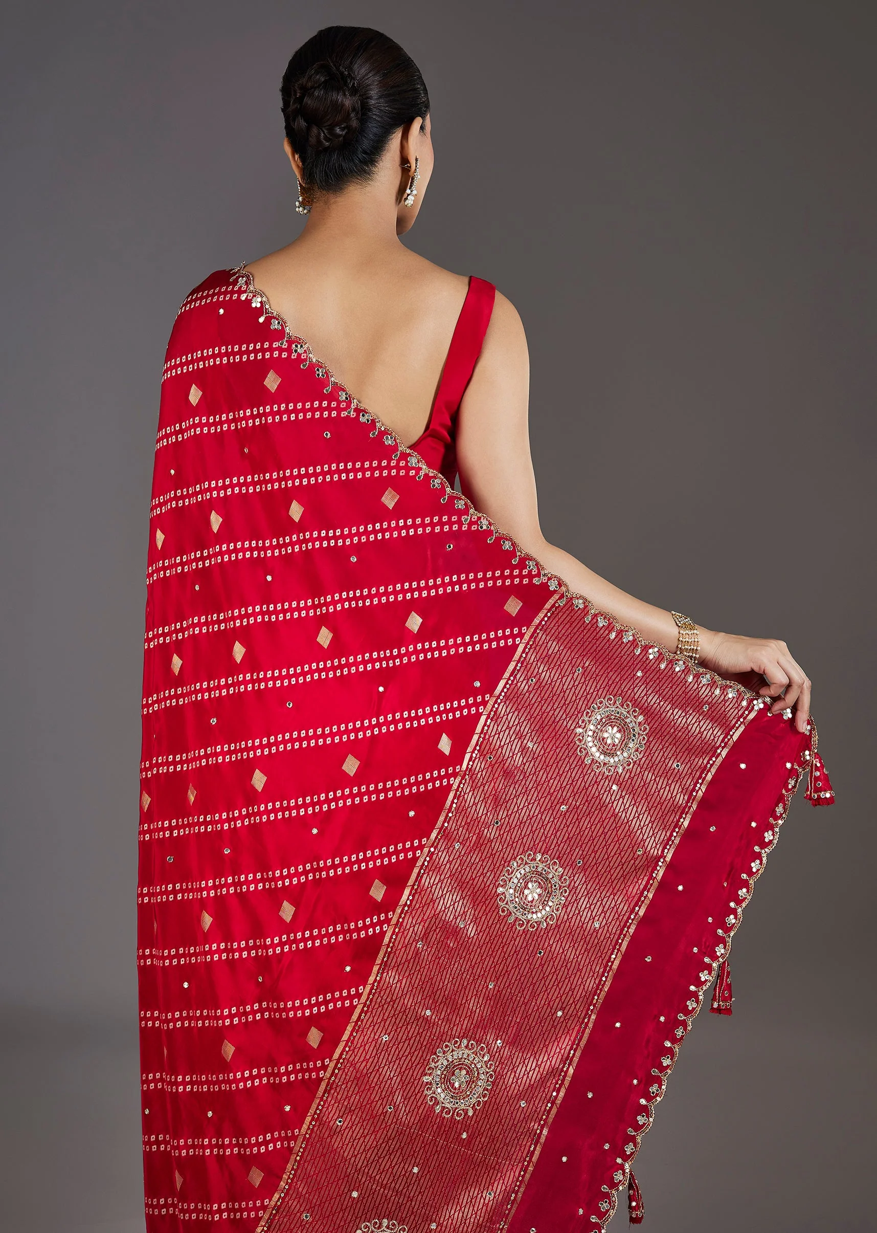 Red Dola Silk Lehriya Saree - Image 6