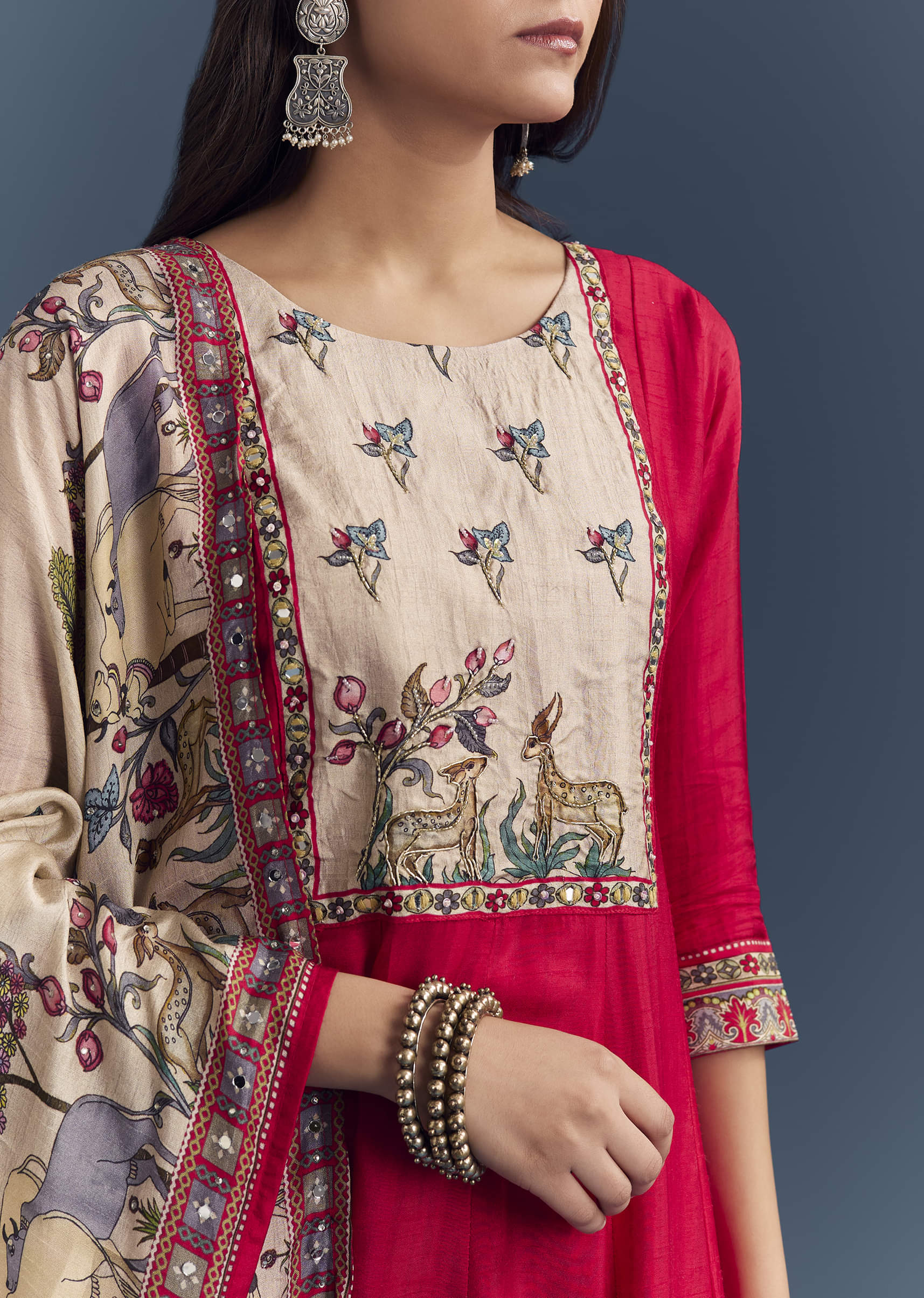 Red Dola Silk Printed Anarkali Suit With Intricate Hand Embroidery - Image 2