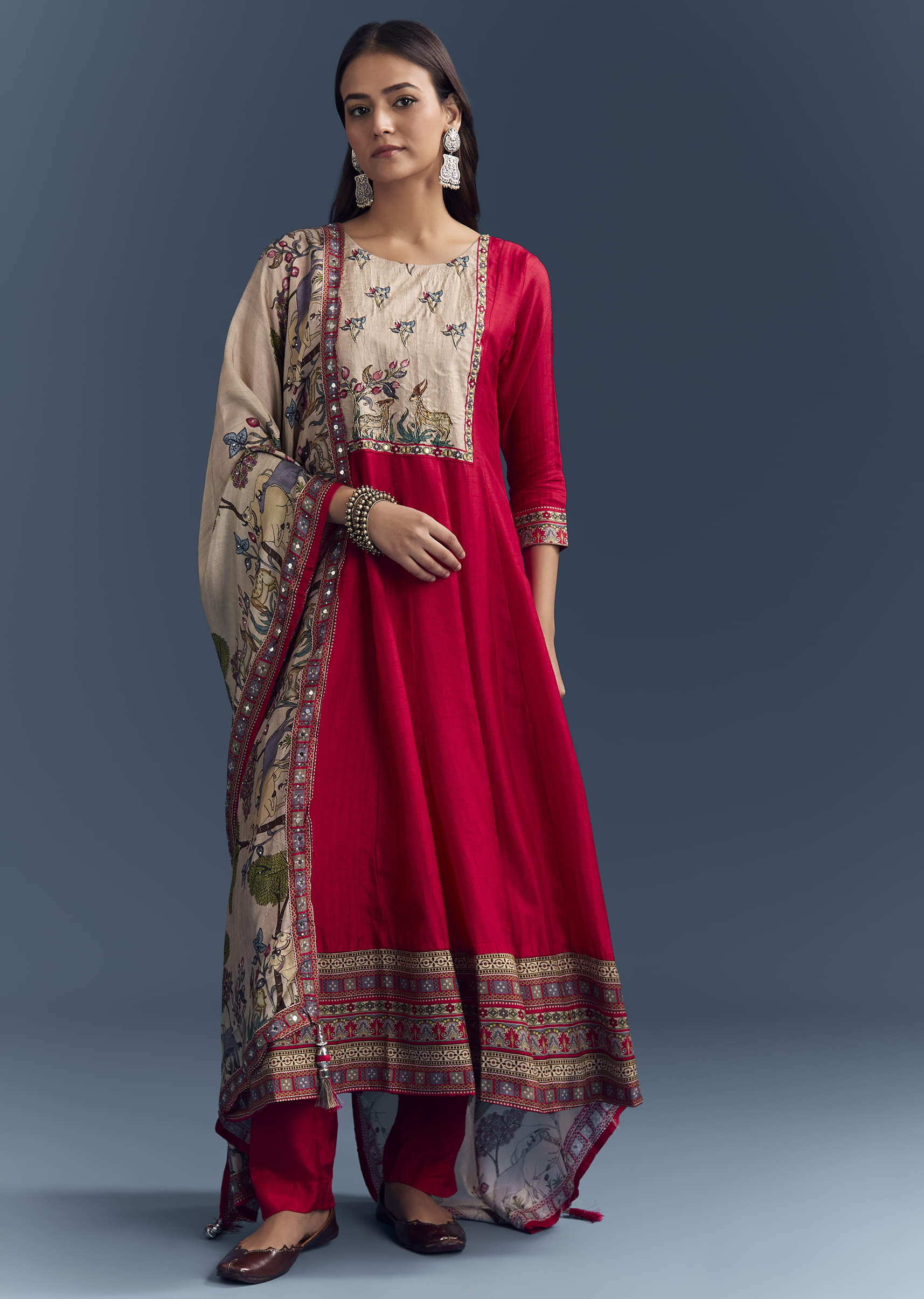 Red Dola Silk Printed Anarkali Suit With Intricate Hand Embroidery - Image 3
