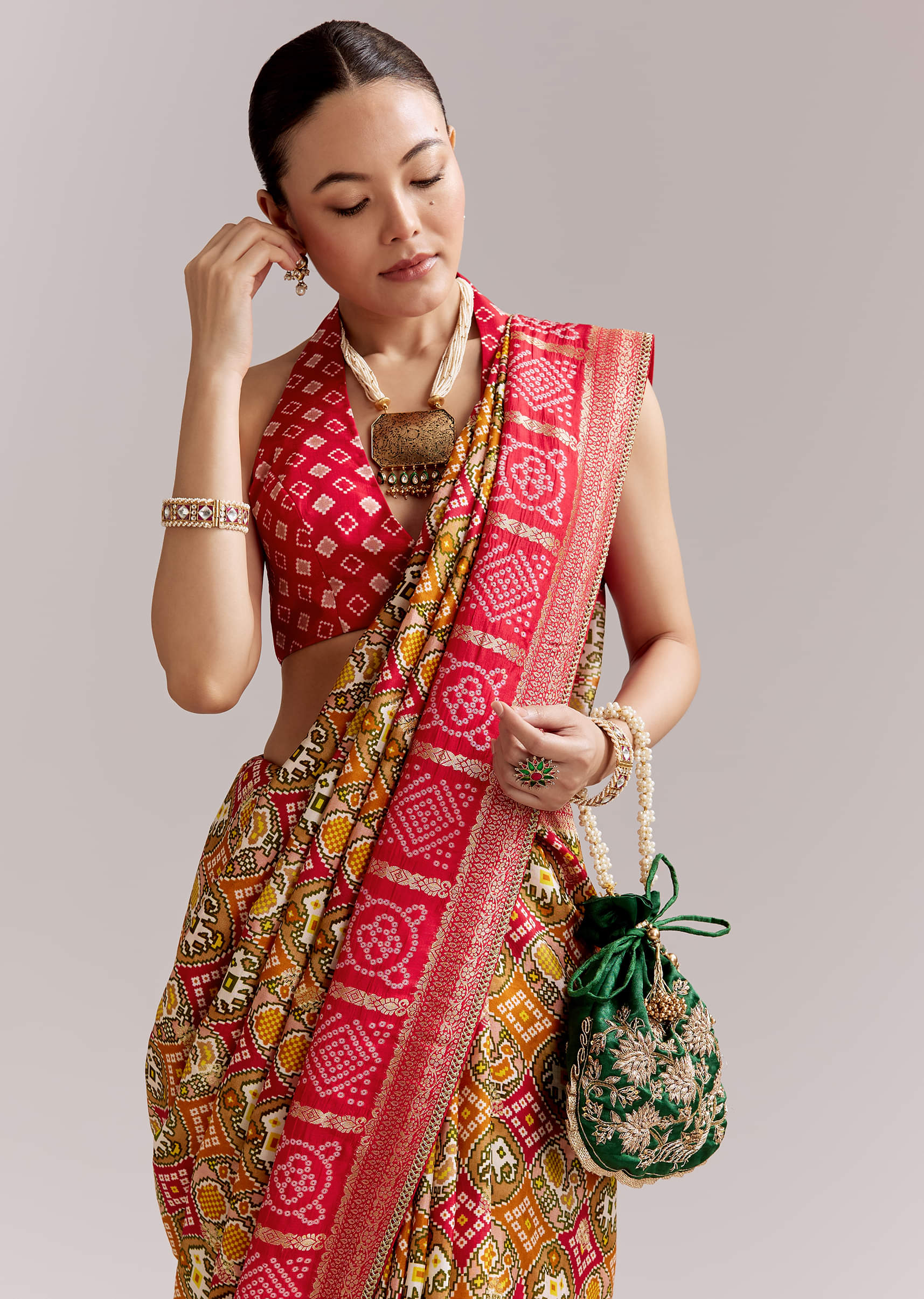 Red Dola Silk Woven Bandhani Saree With Gotapatti Detailing - Image 5