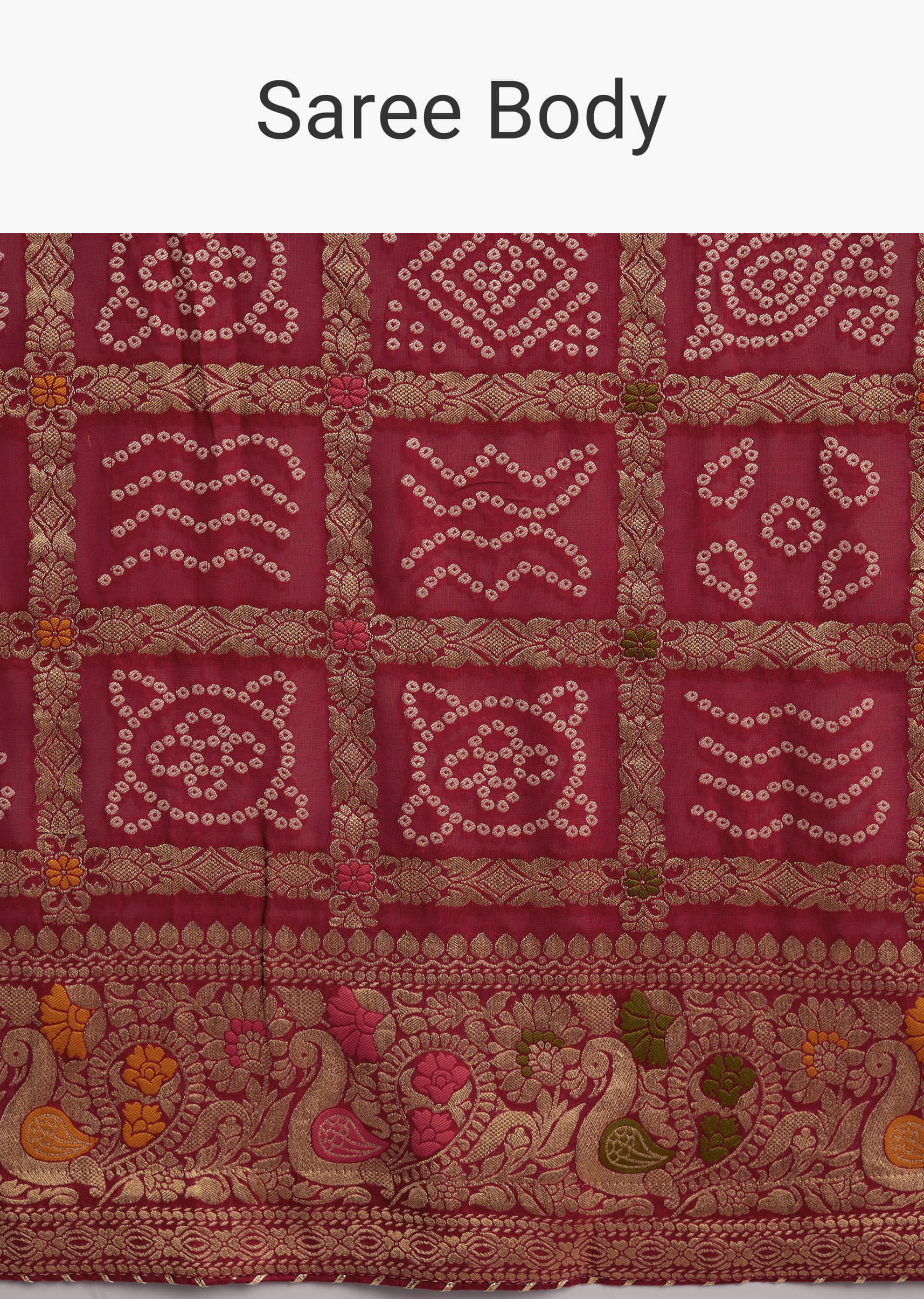 Red Dola Silk Woven Saree With Bandhani And Floral Work - Image 10