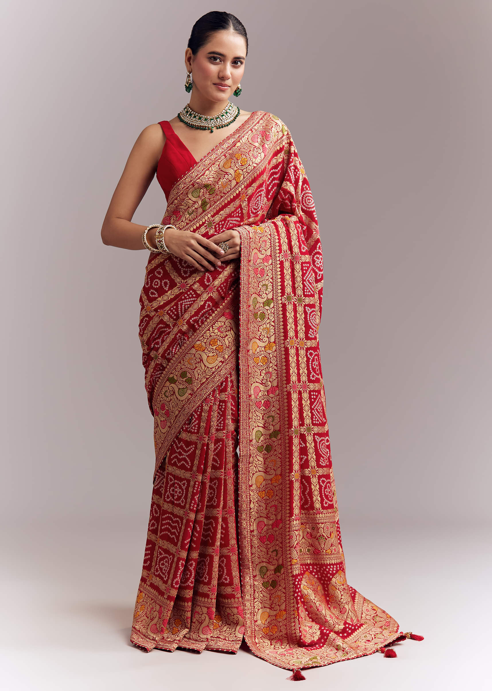 Red Dola Silk Woven Saree With Bandhani And Floral Work - Image 3