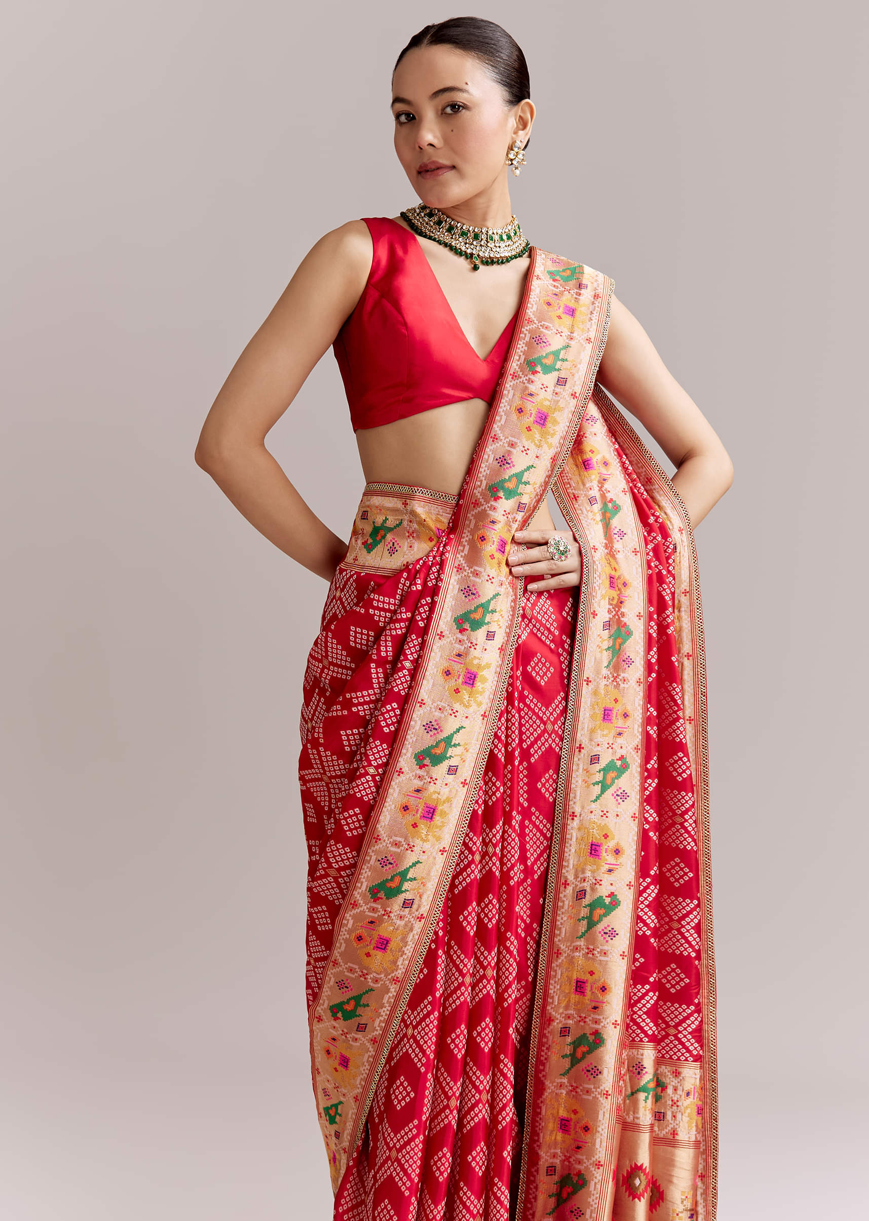 Red Dola Silk Woven Saree With Bandhani Motifs And Zari Border - Image 5