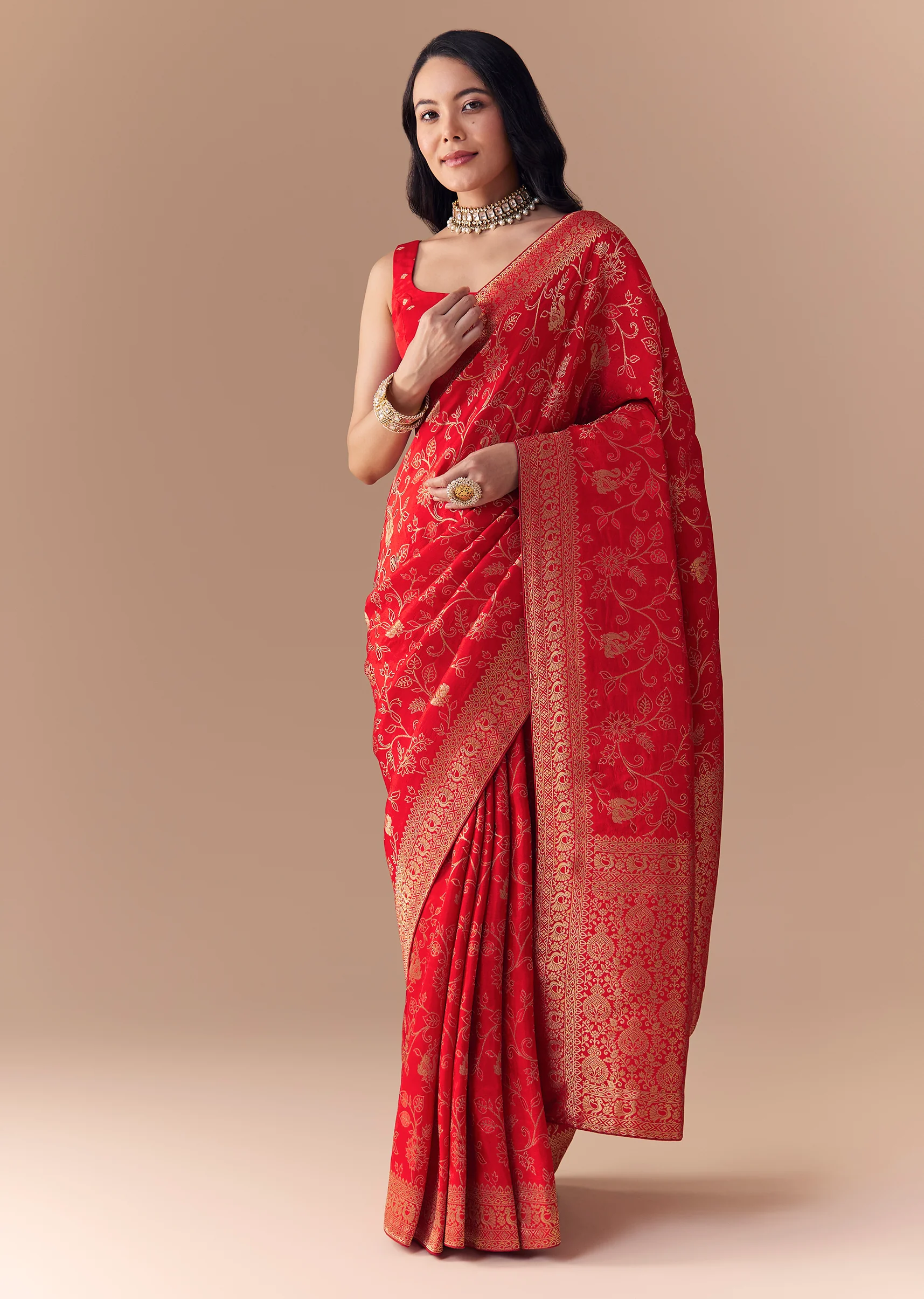 Red Dola Silk Zari Woven Saree with Unstitched Blouse - Image 3