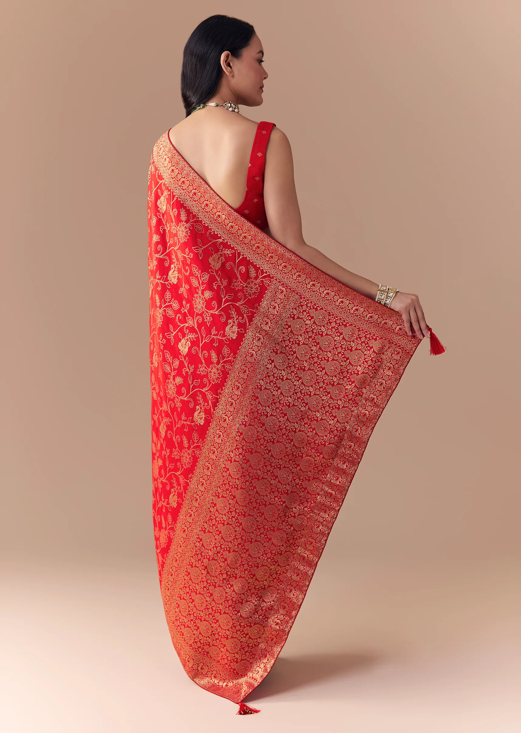 Red Dola Silk Zari Woven Saree with Unstitched Blouse - Image 5