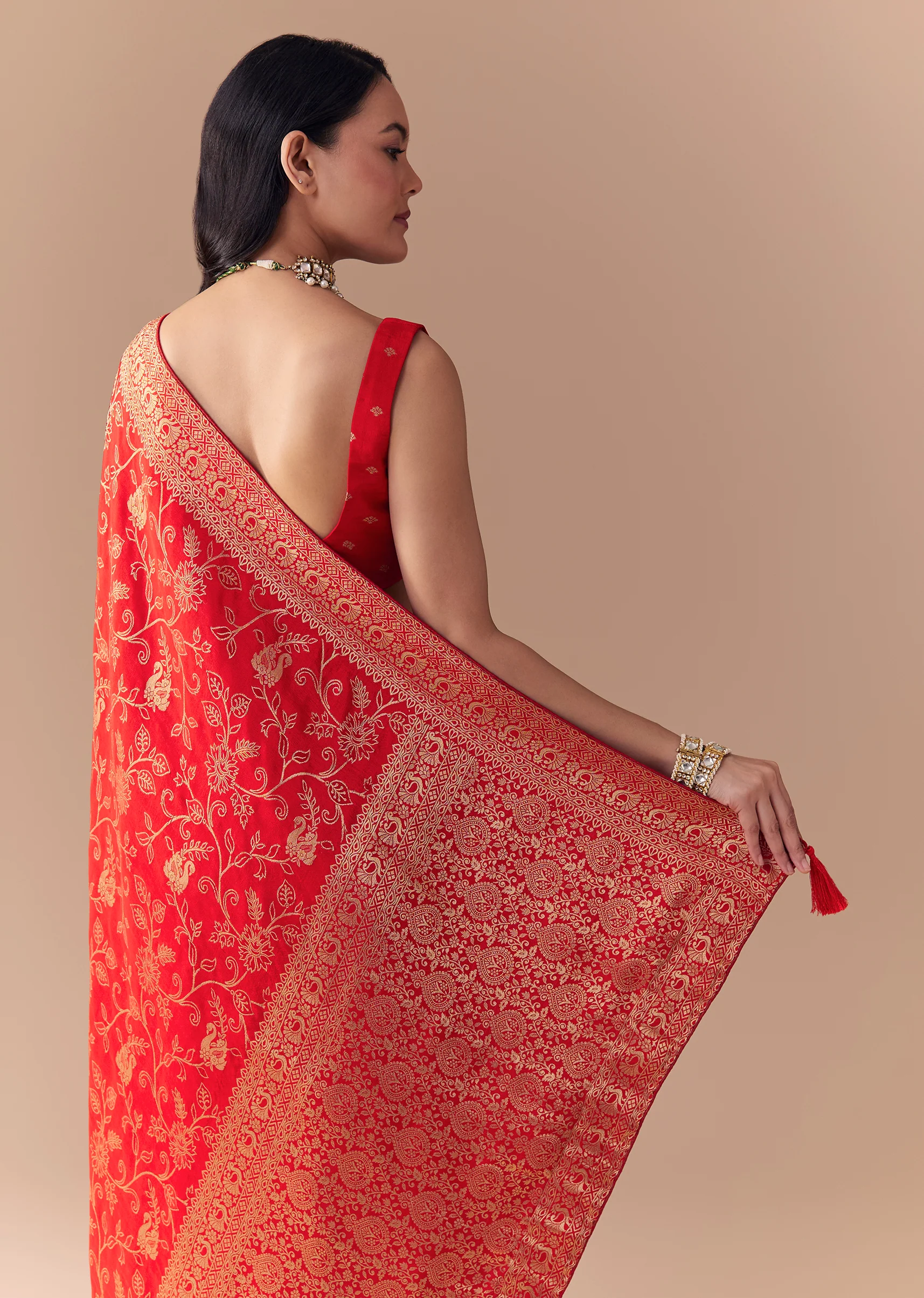 Red Dola Silk Zari Woven Saree with Unstitched Blouse - Image 6