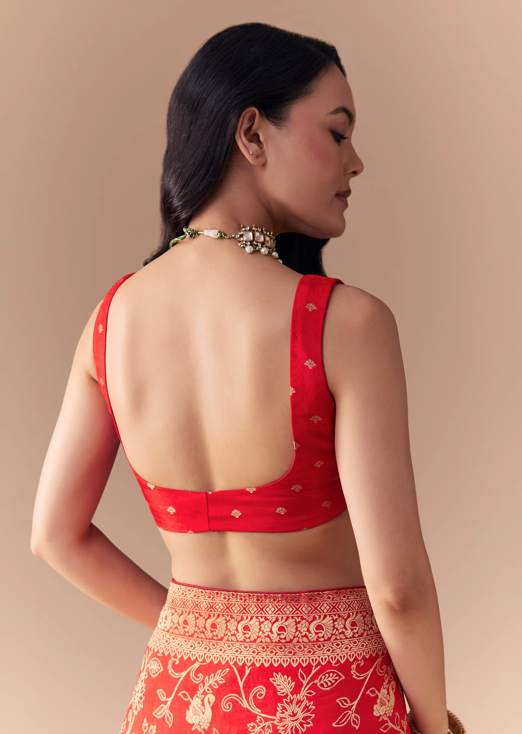 Red Dola Silk Zari Woven Saree with Unstitched Blouse - Image 8