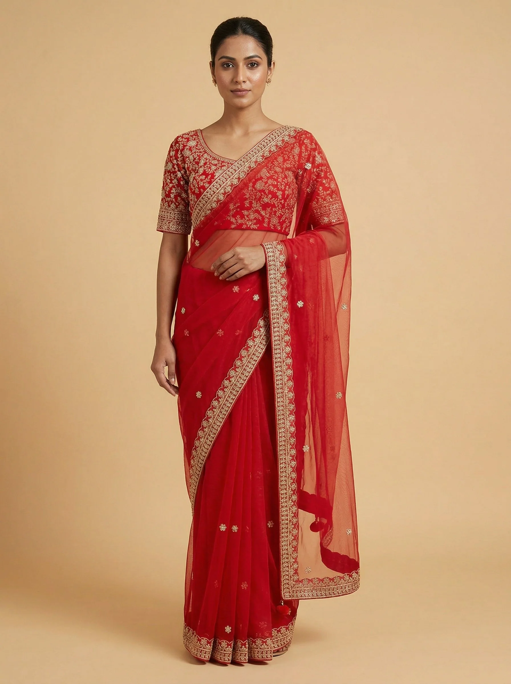 Red Dominant Embroidered Saree