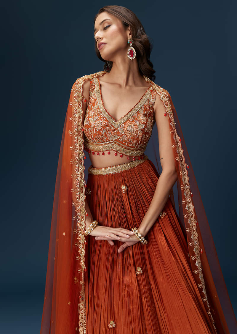 Red Embroidered Bridesmaid Lehenga With Dupatta - Image 5