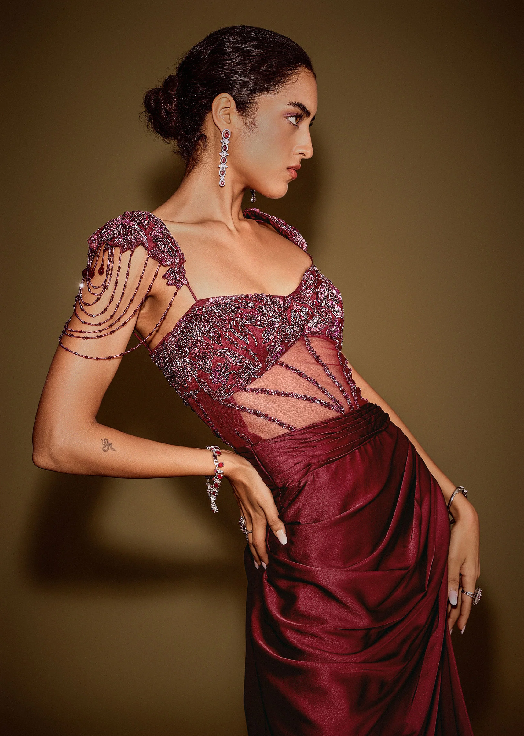 Red Embroidered Corset Gown With Attached Tassel Cape - Image 2