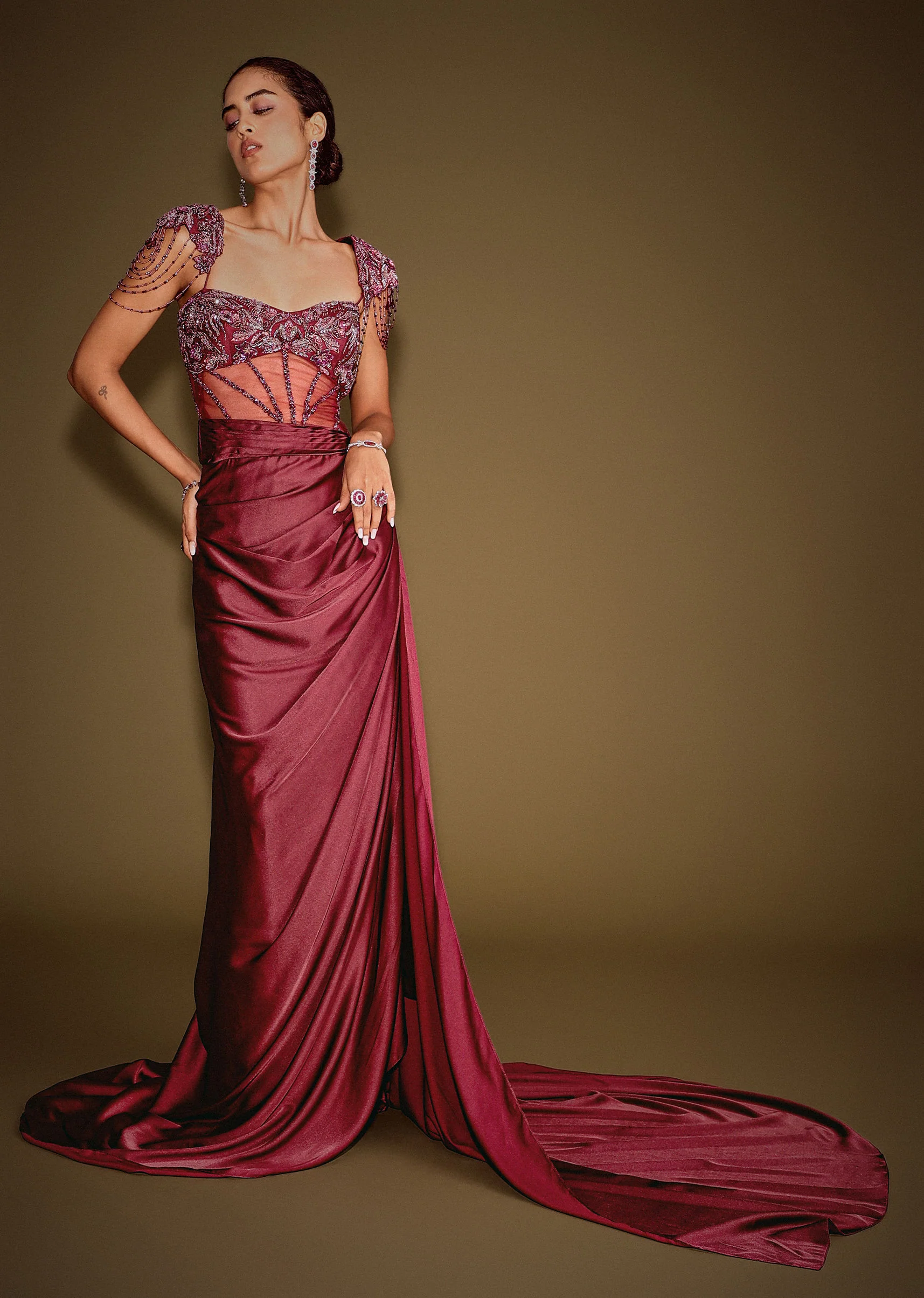 Red Embroidered Corset Gown With Attached Tassel Cape - Image 3