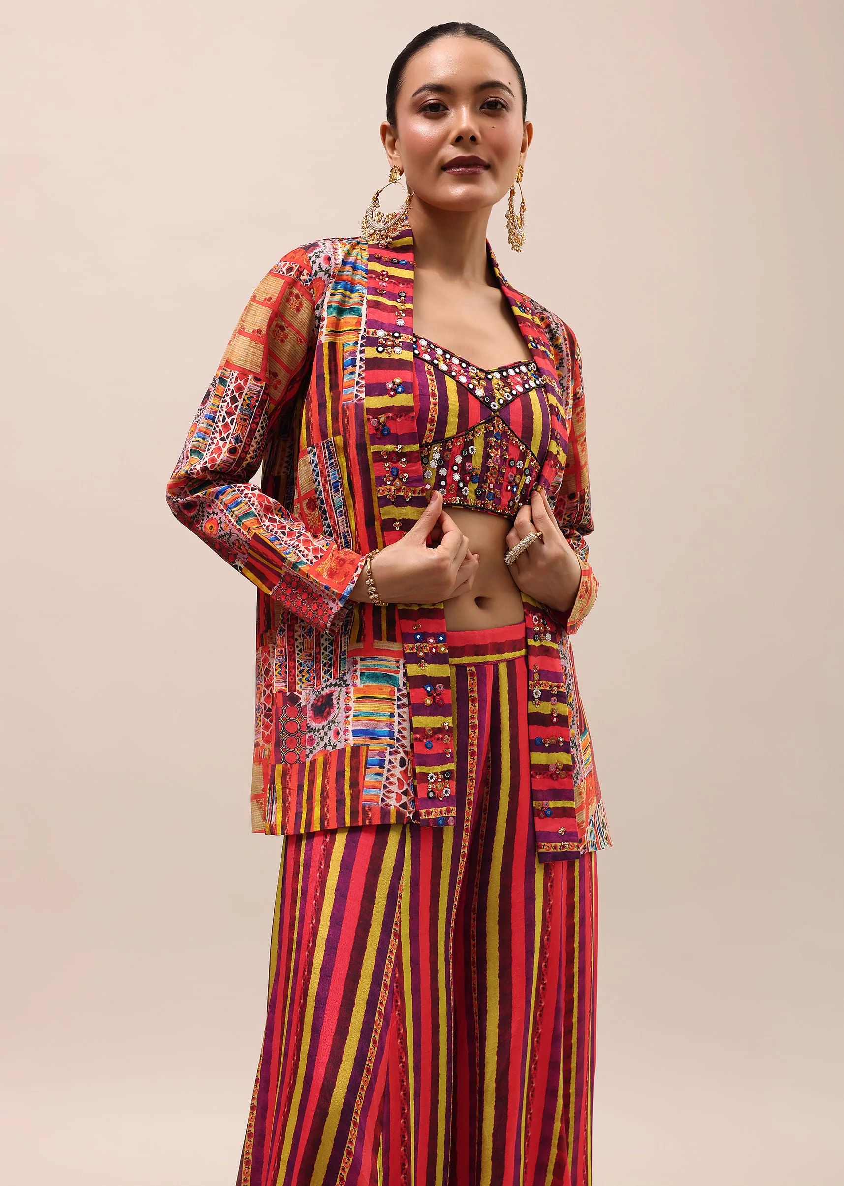 Red Embroidered Crepe Crop Top And Palazzo Set - Image 2