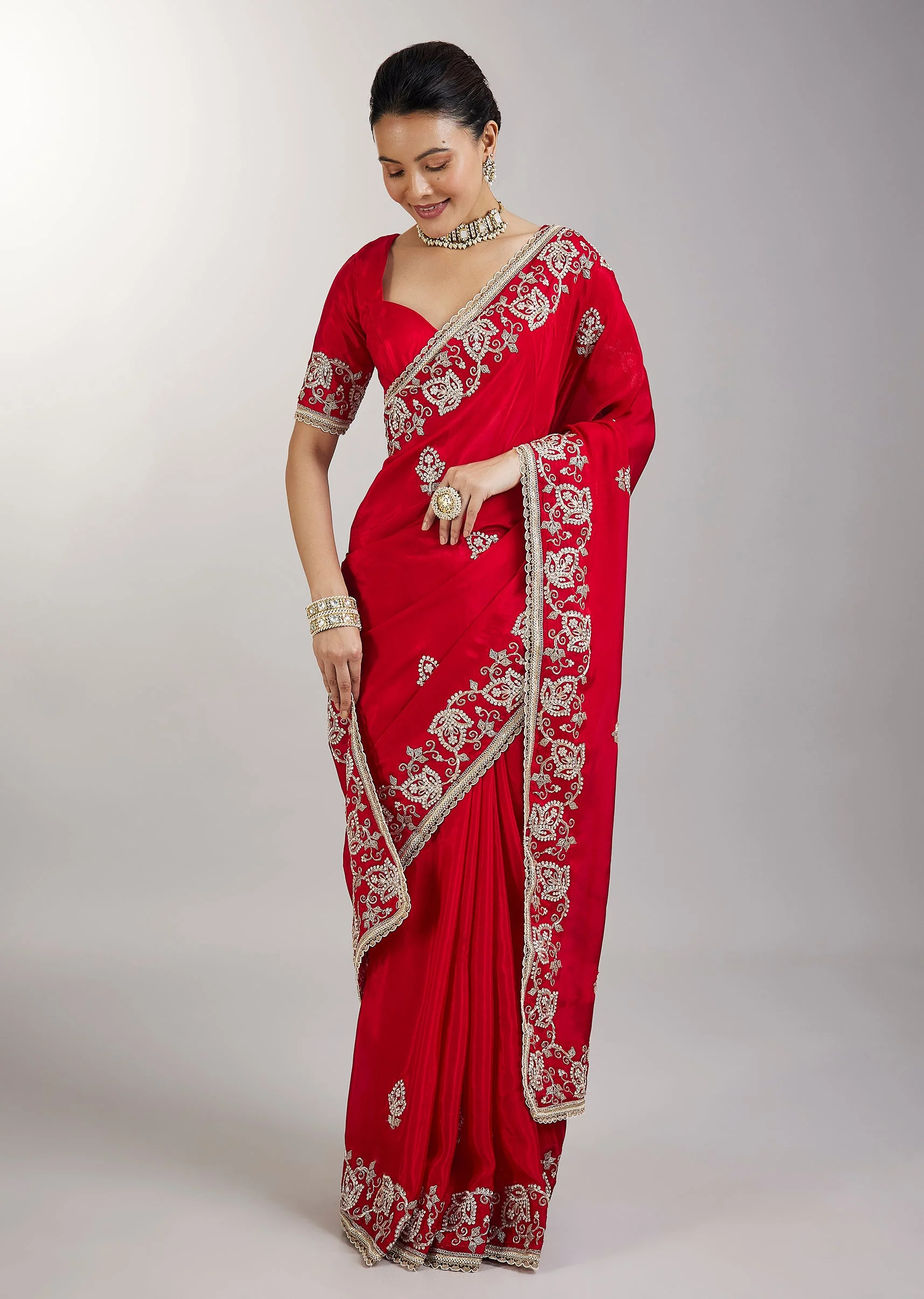 Red Embroidered Crepe Saree With Zari Border