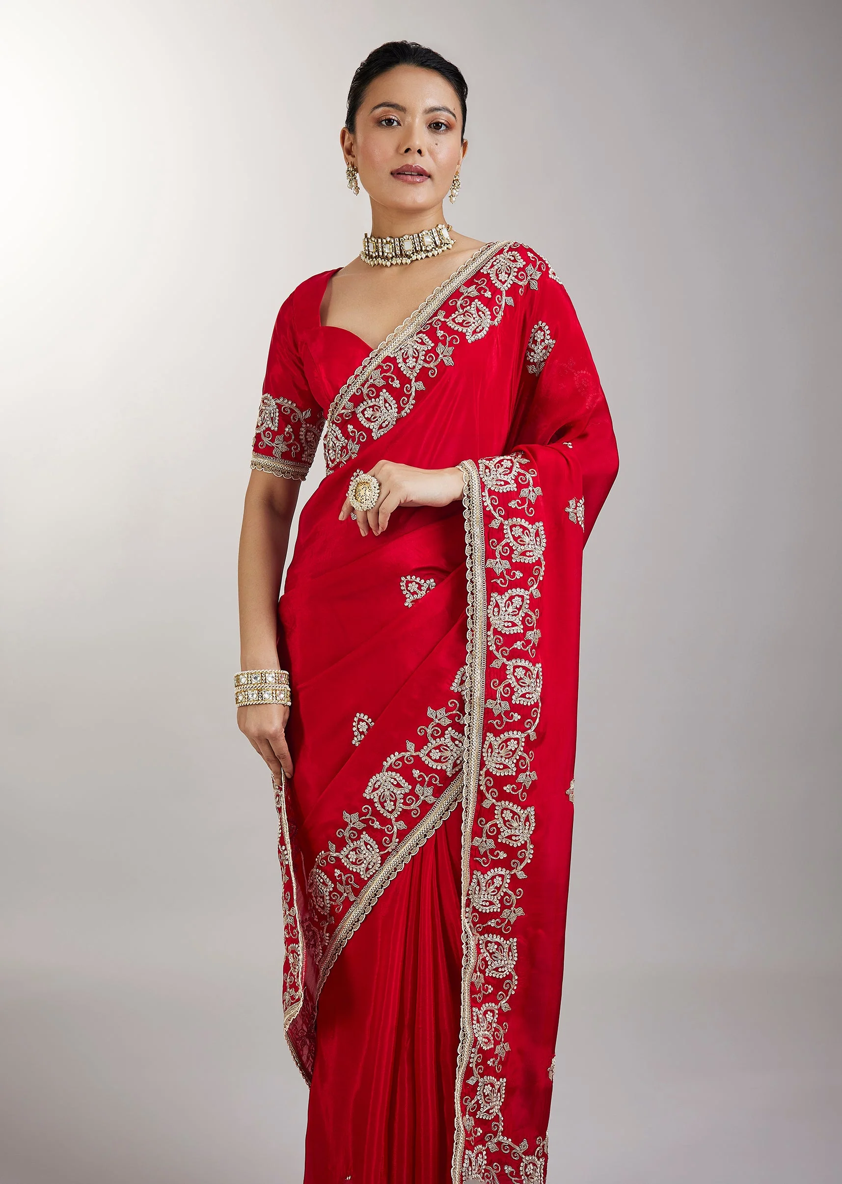 Red Embroidered Crepe Saree With Zari Border - Image 5