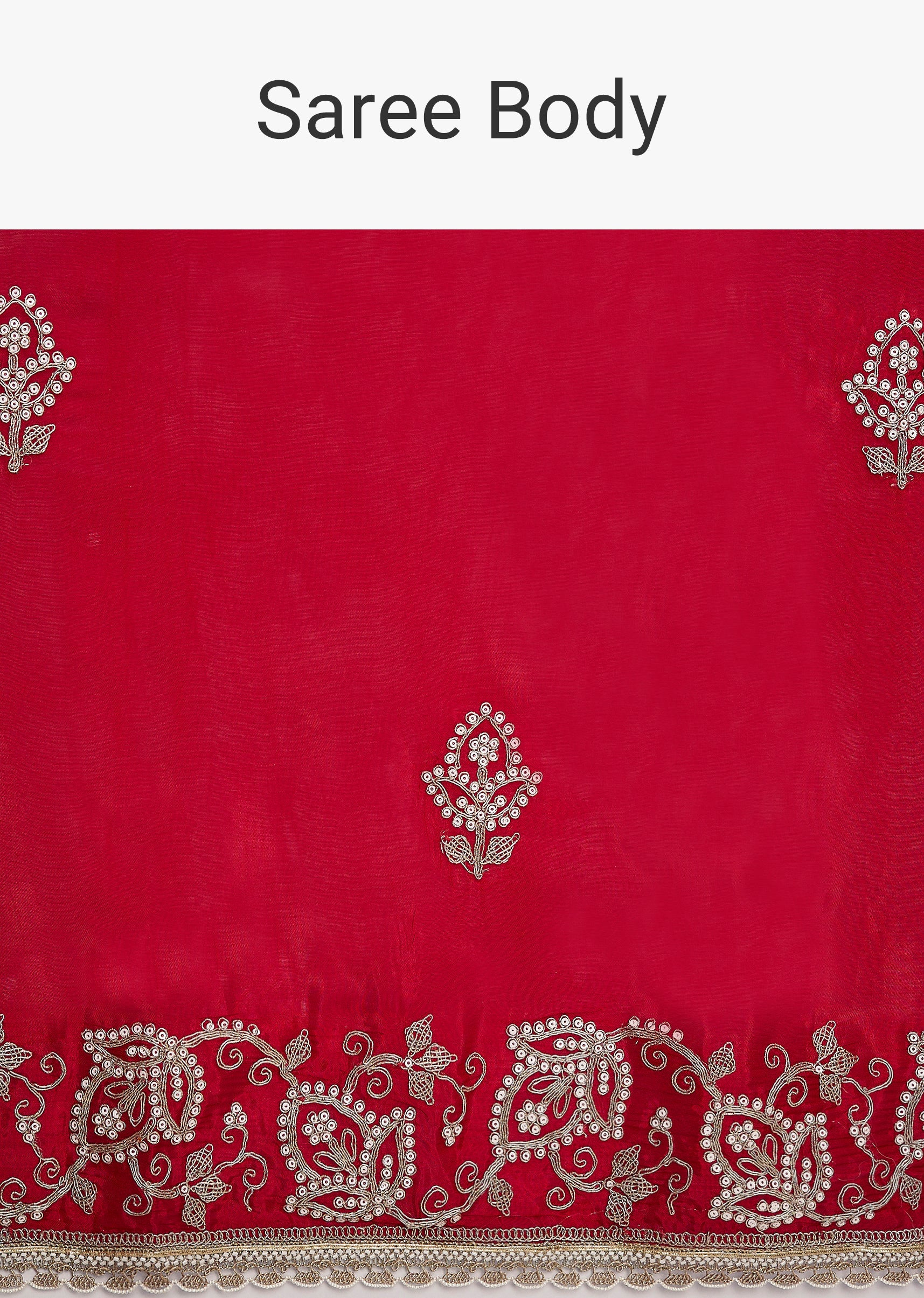 Red Embroidered Crepe Saree With Zari Border - Image 9