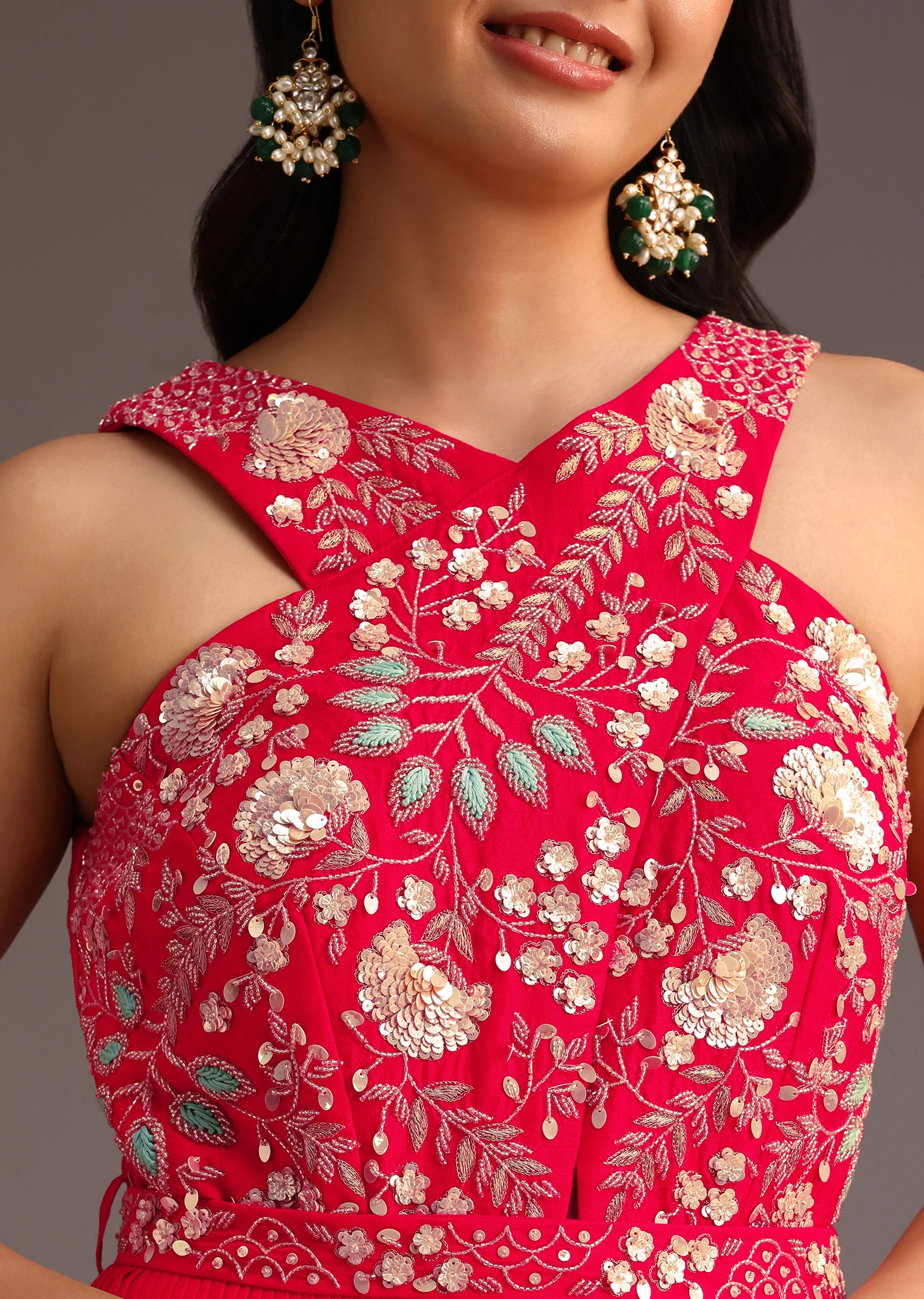 Red Embroidered Jumpsuit With Belt - Image 2