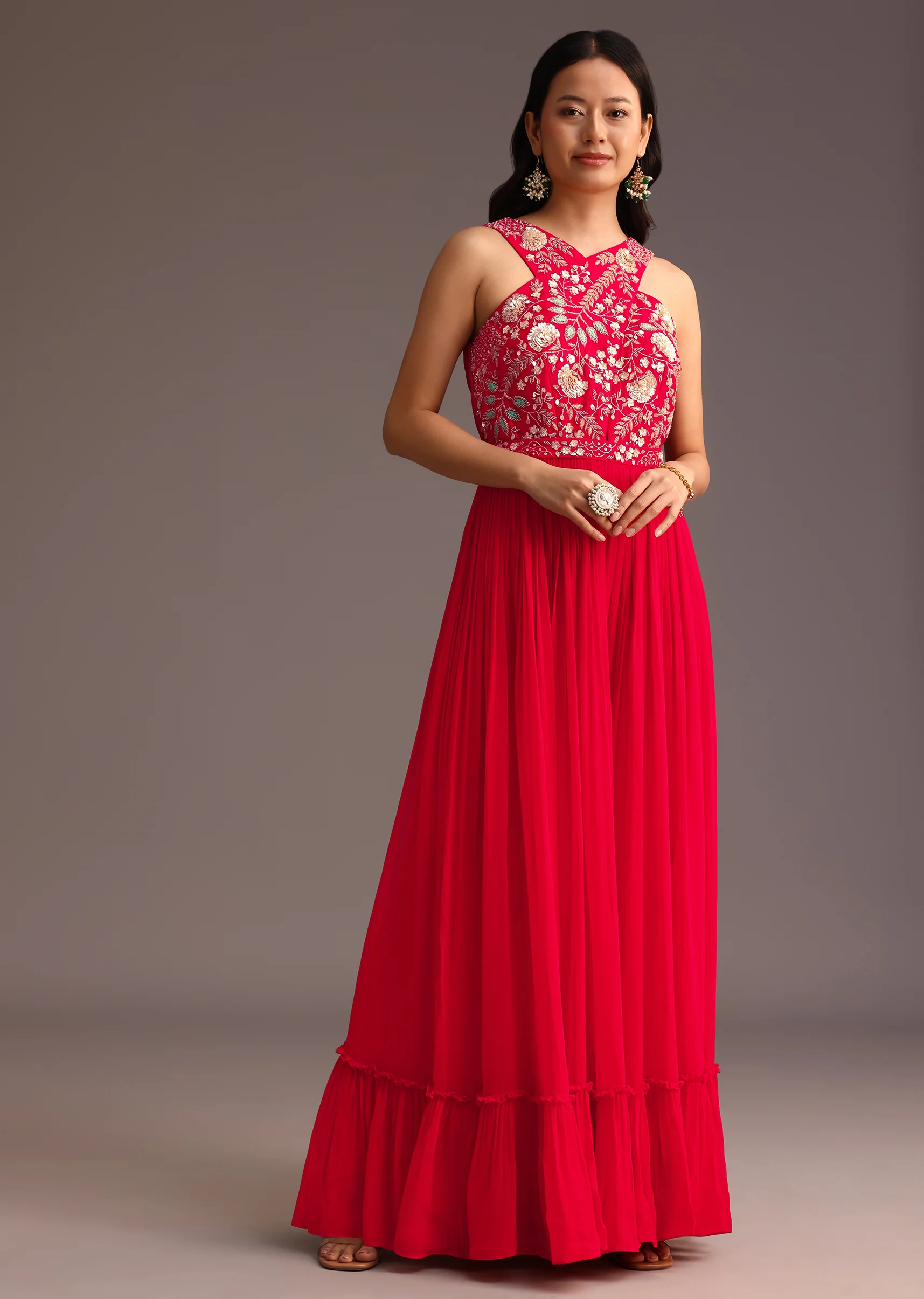 Red Embroidered Jumpsuit With Belt - Image 3