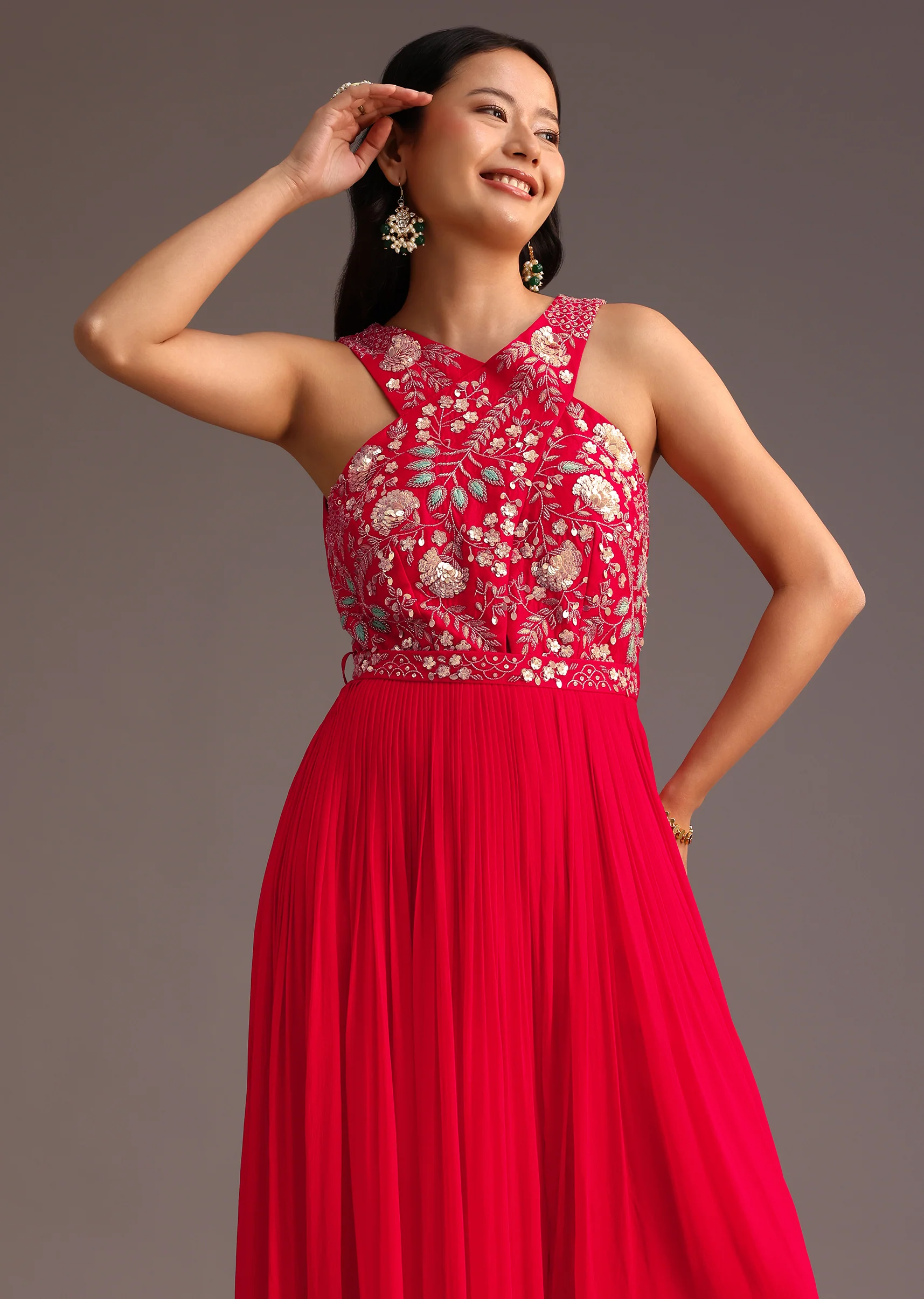 Red Embroidered Jumpsuit With Belt - Image 4