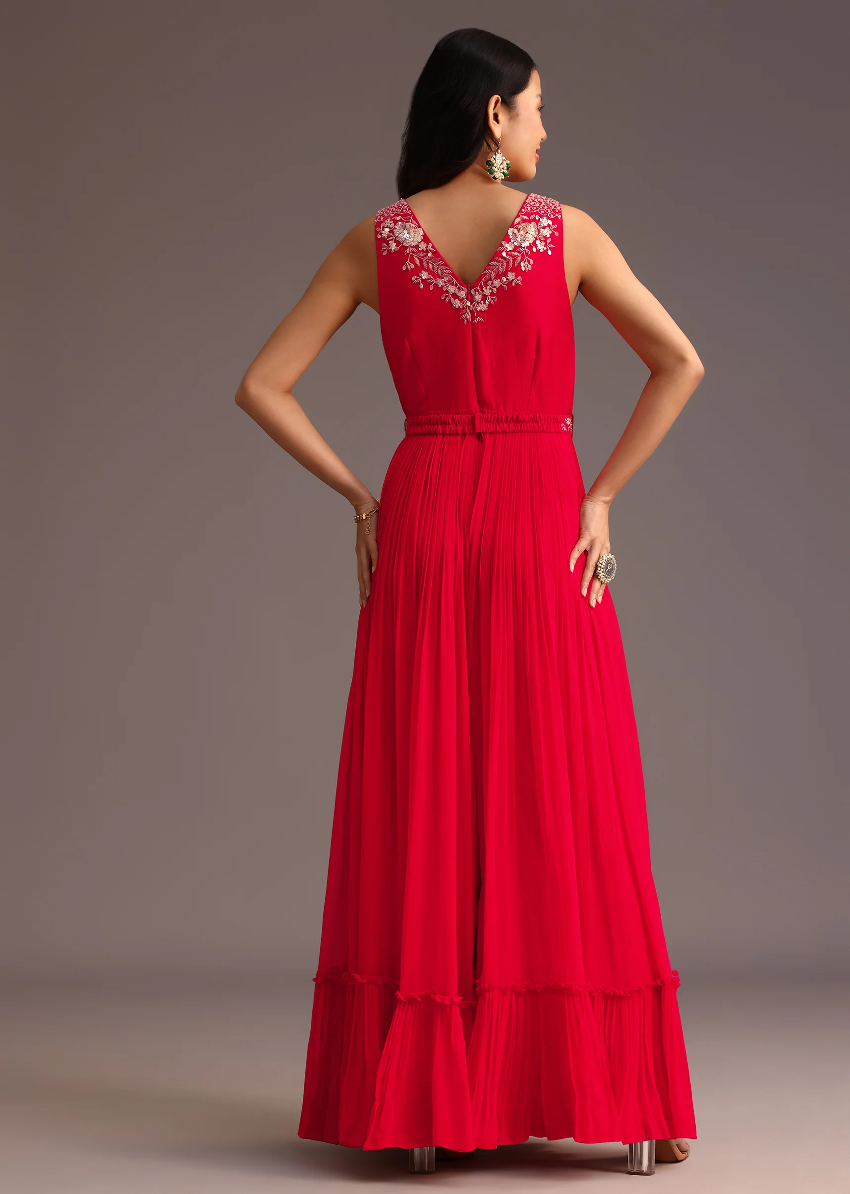 Red Embroidered Jumpsuit With Belt - Image 6