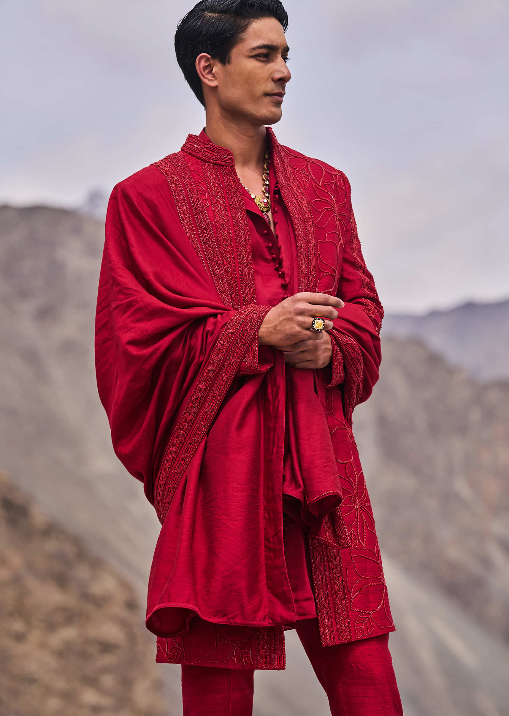 Red Embroidered Long Sherwani Suit With Dupatta - Image 2