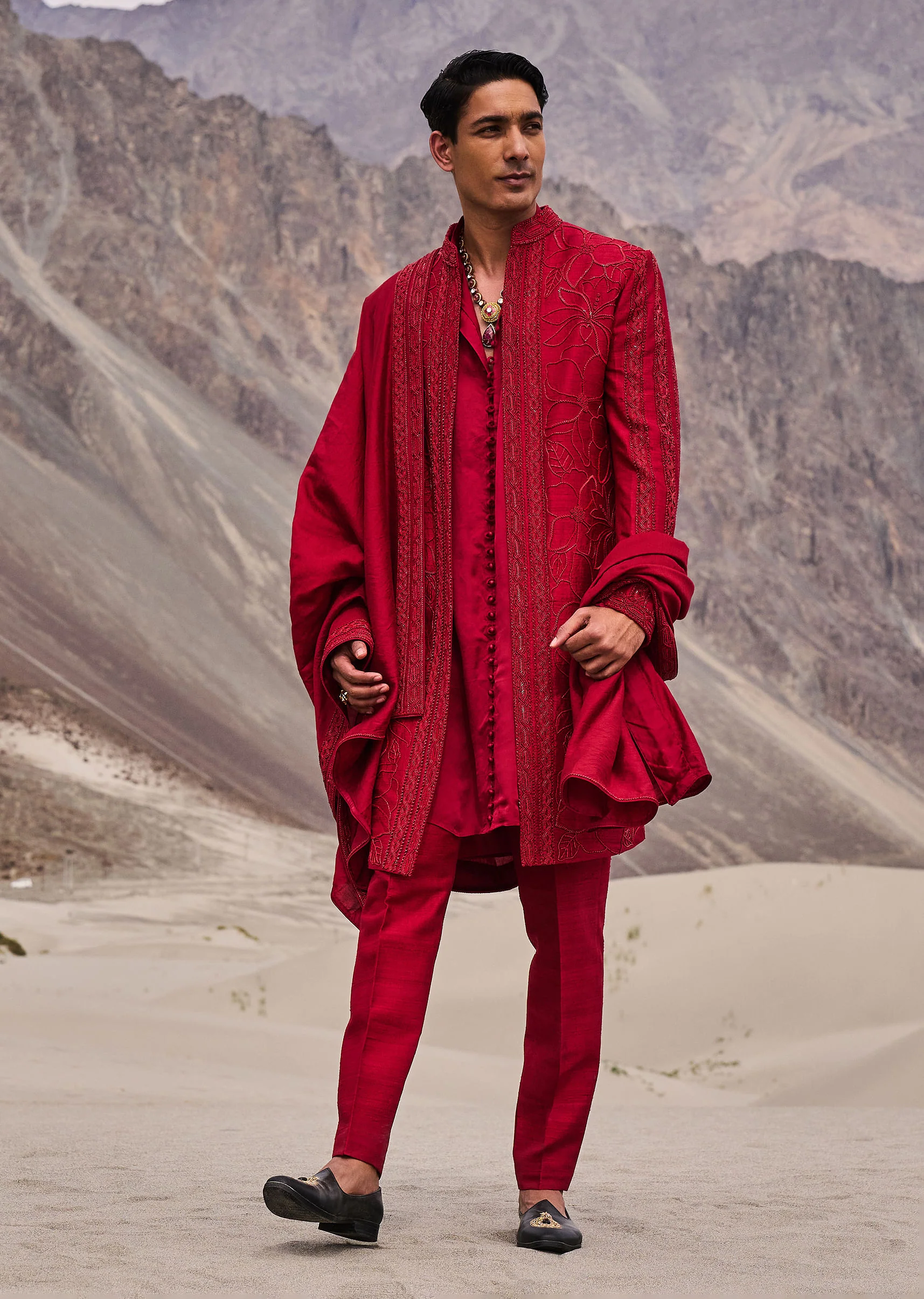 Red Embroidered Long Sherwani Suit With Dupatta - Image 3