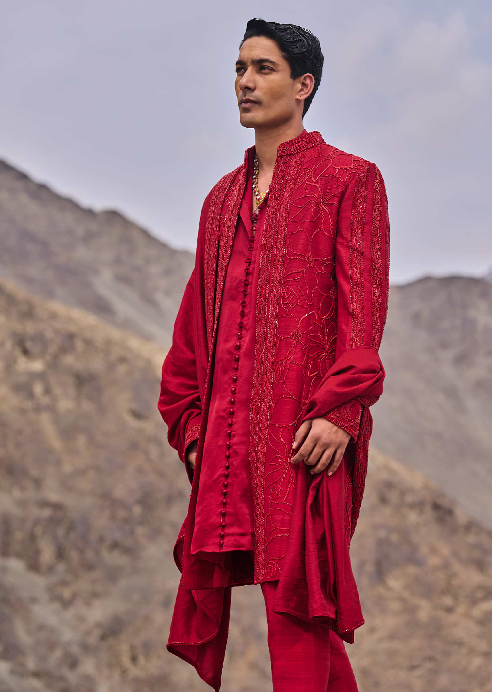 Red Embroidered Long Sherwani Suit With Dupatta - Image 4