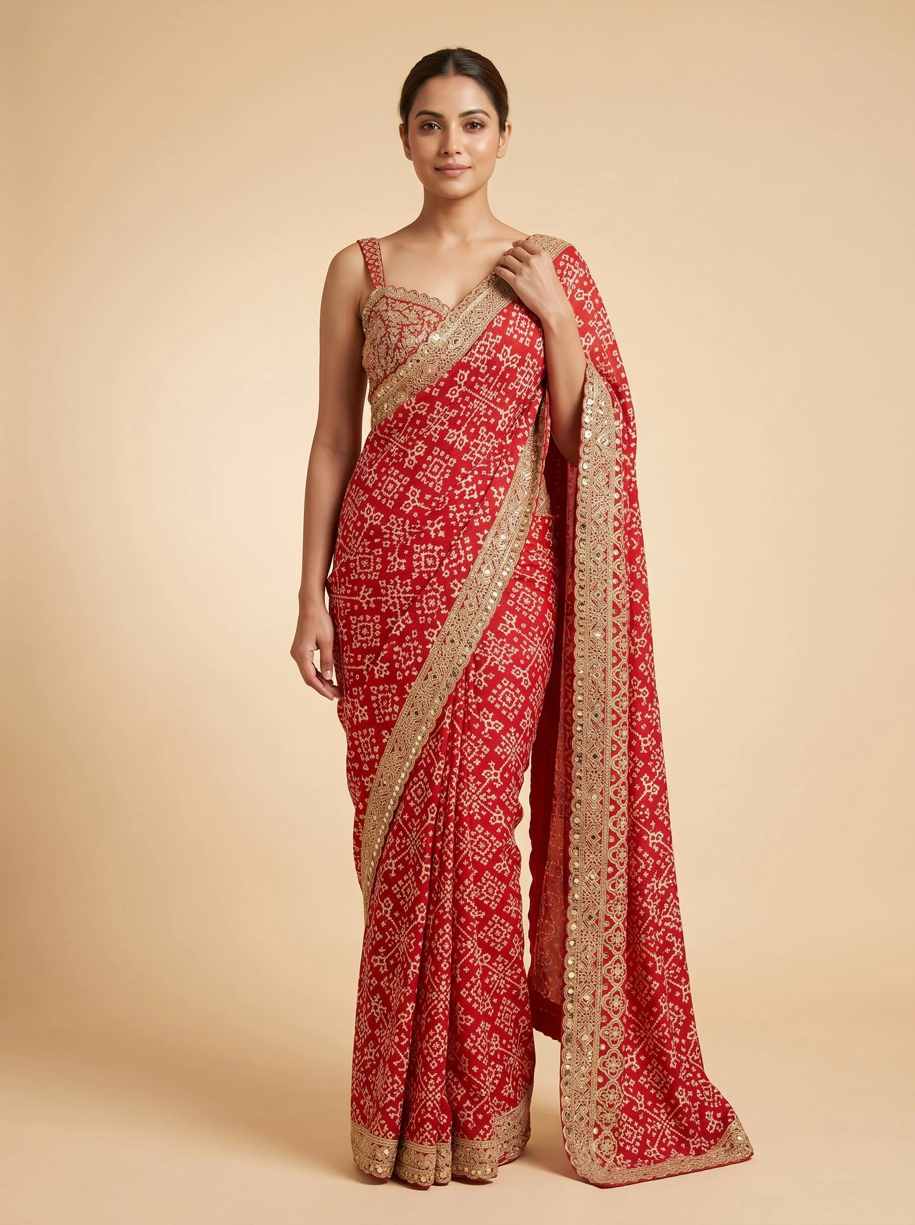 Red embroidered saree with traditional motifs