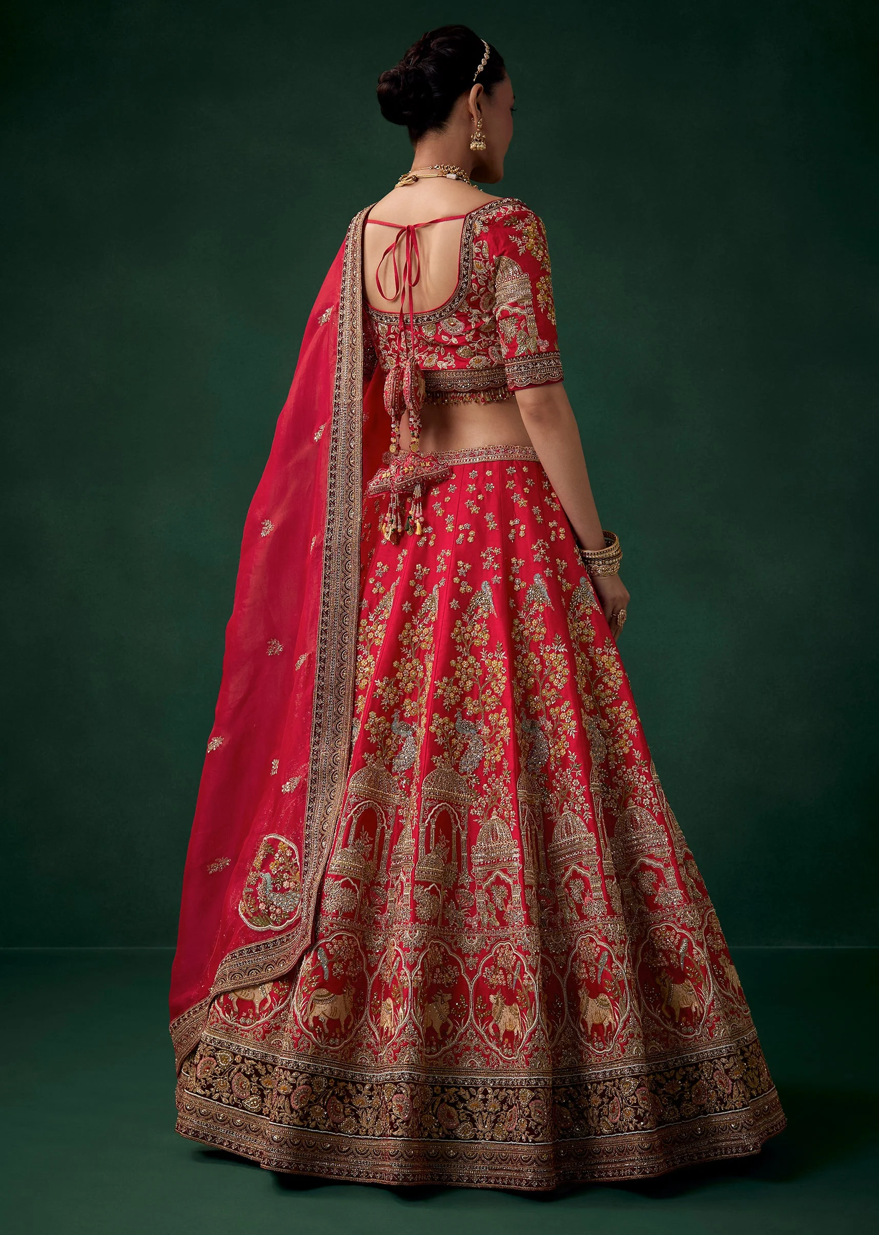 Red Floral Motif Embroidered Bridal Lehenga Sets - Image 2