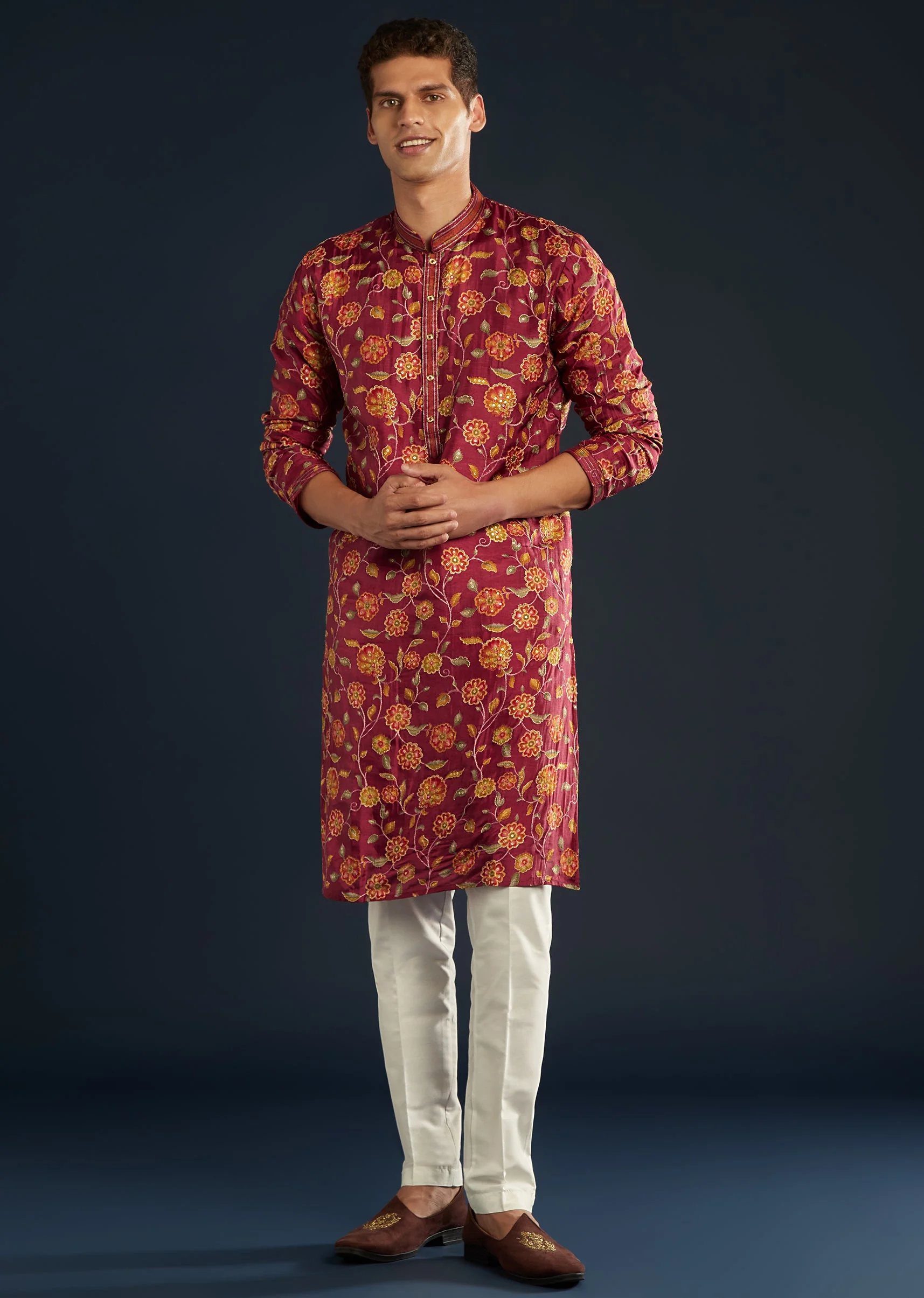 Red Floral Print Silk Kurta Set with Resham Work - Image 2