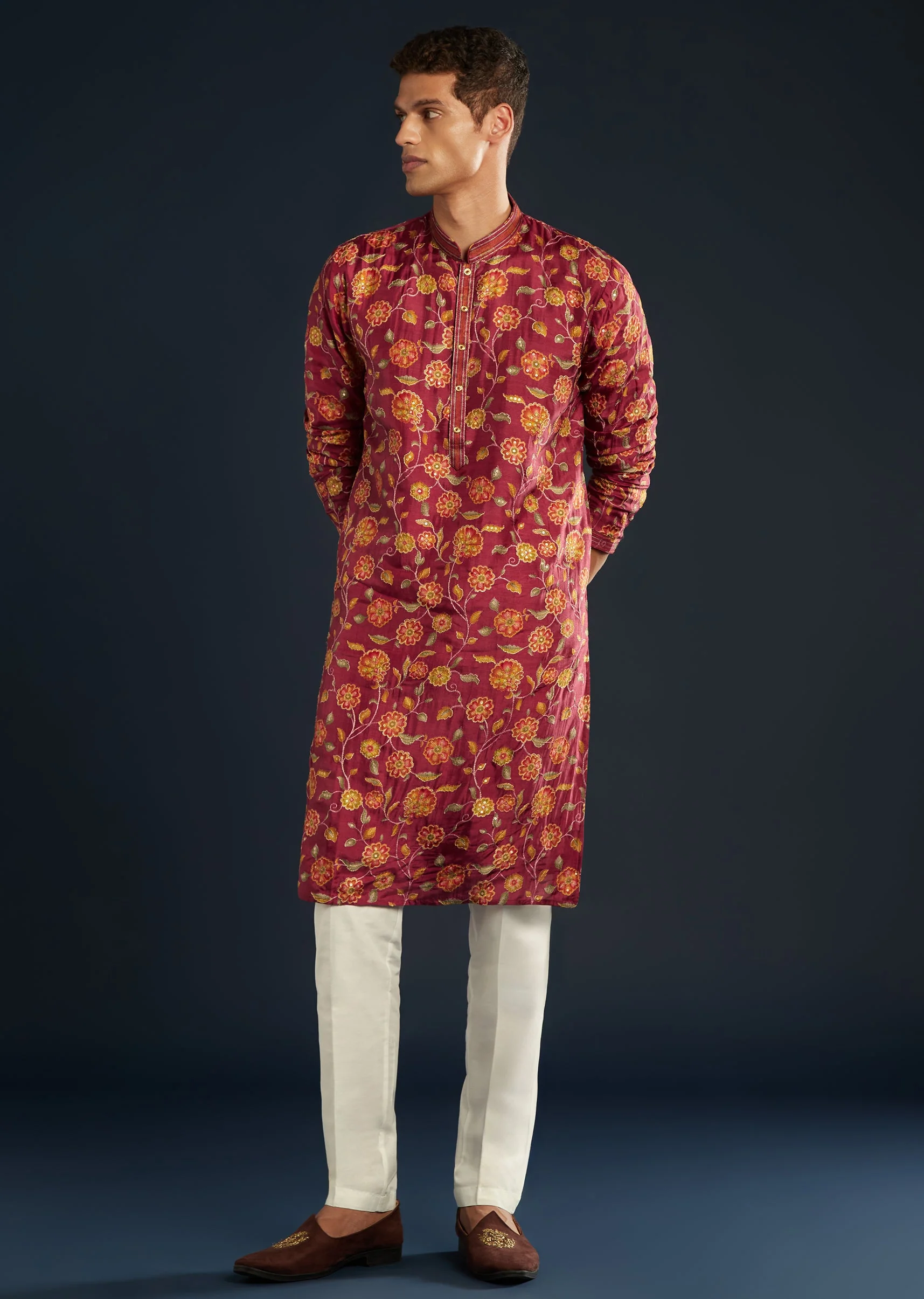 Red Floral Print Silk Kurta Set with Resham Work - Image 4