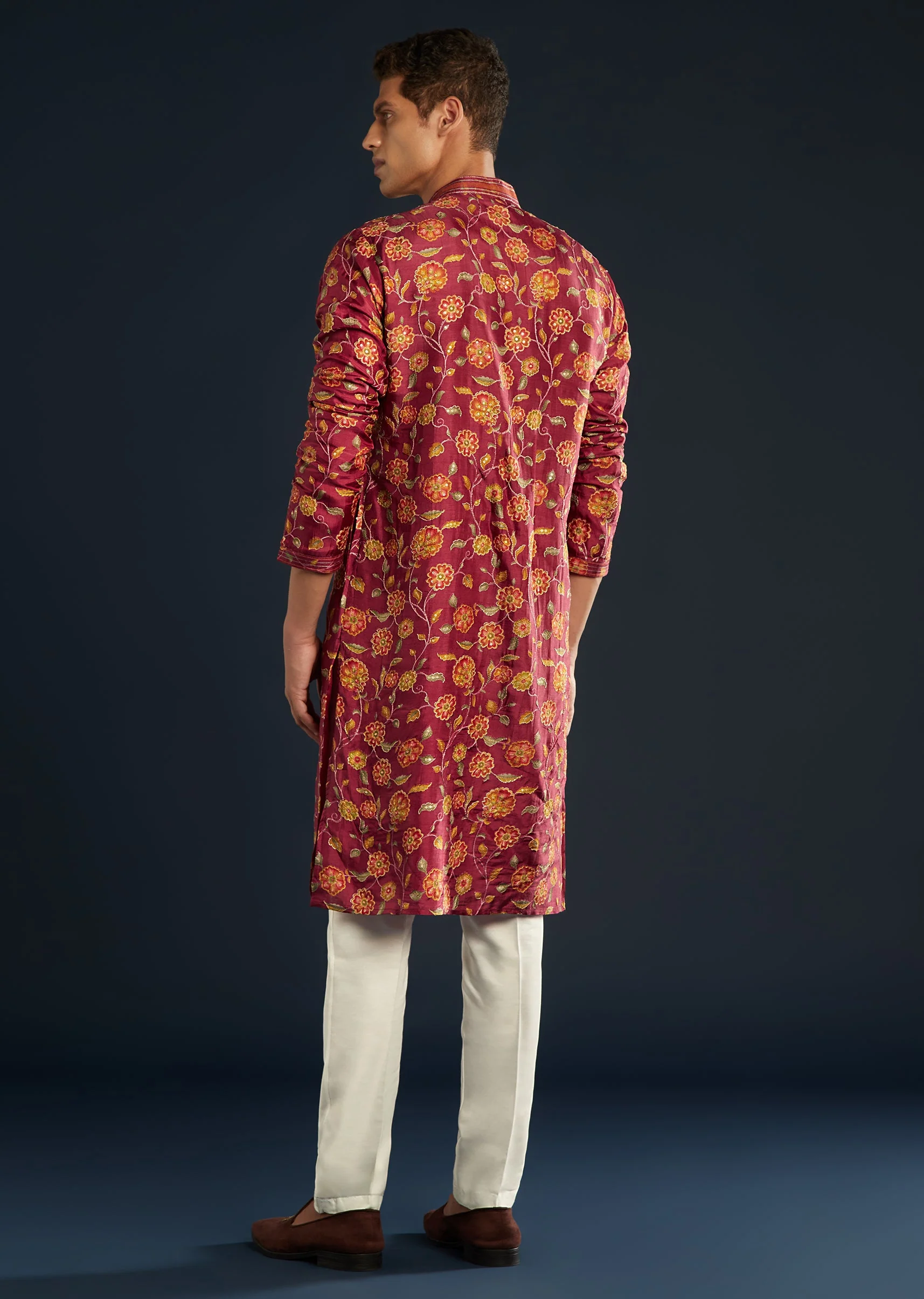 Red Floral Print Silk Kurta Set with Resham Work - Image 5