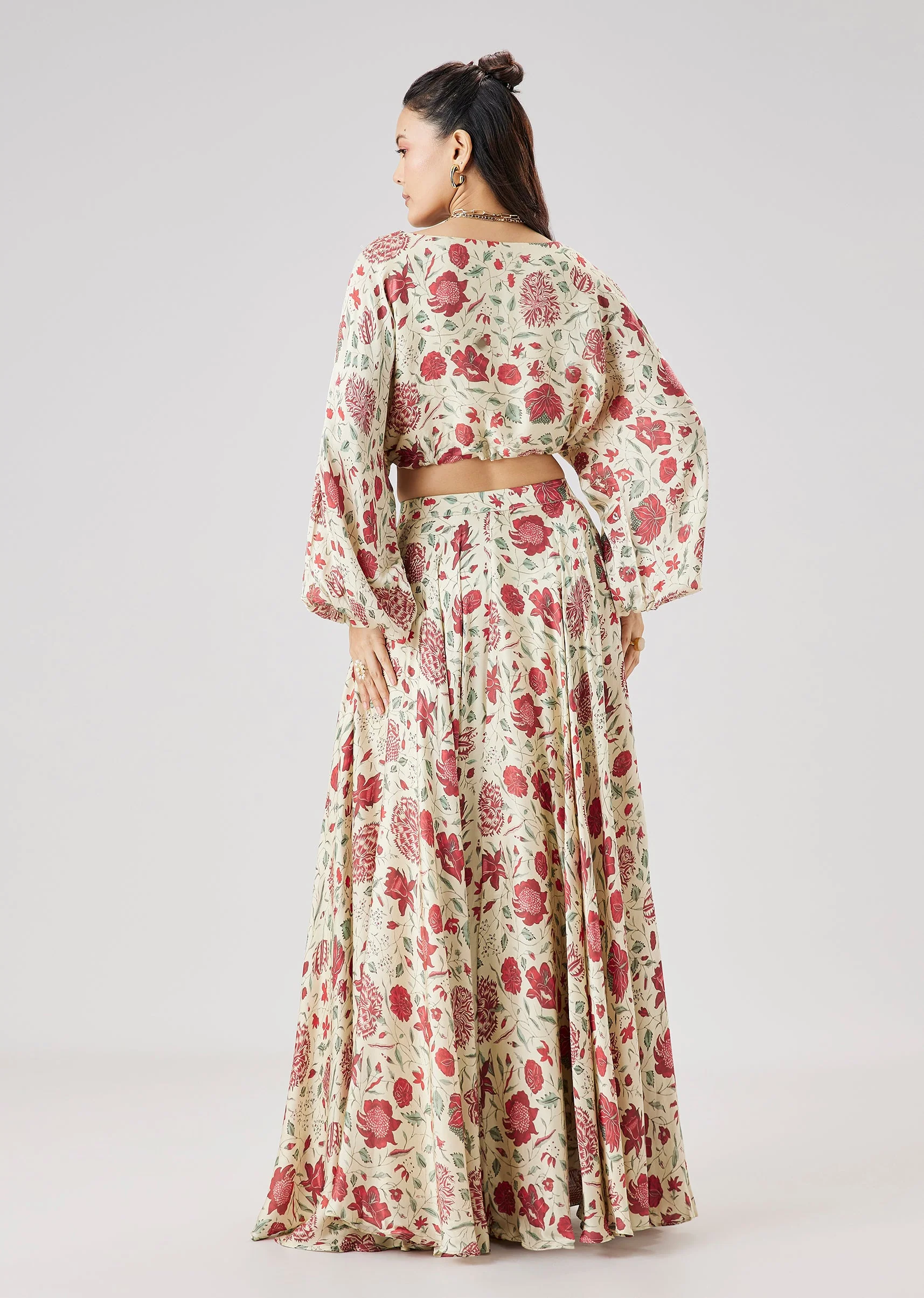Red Floral Printed Crop Top And Skirt Set - Image 5