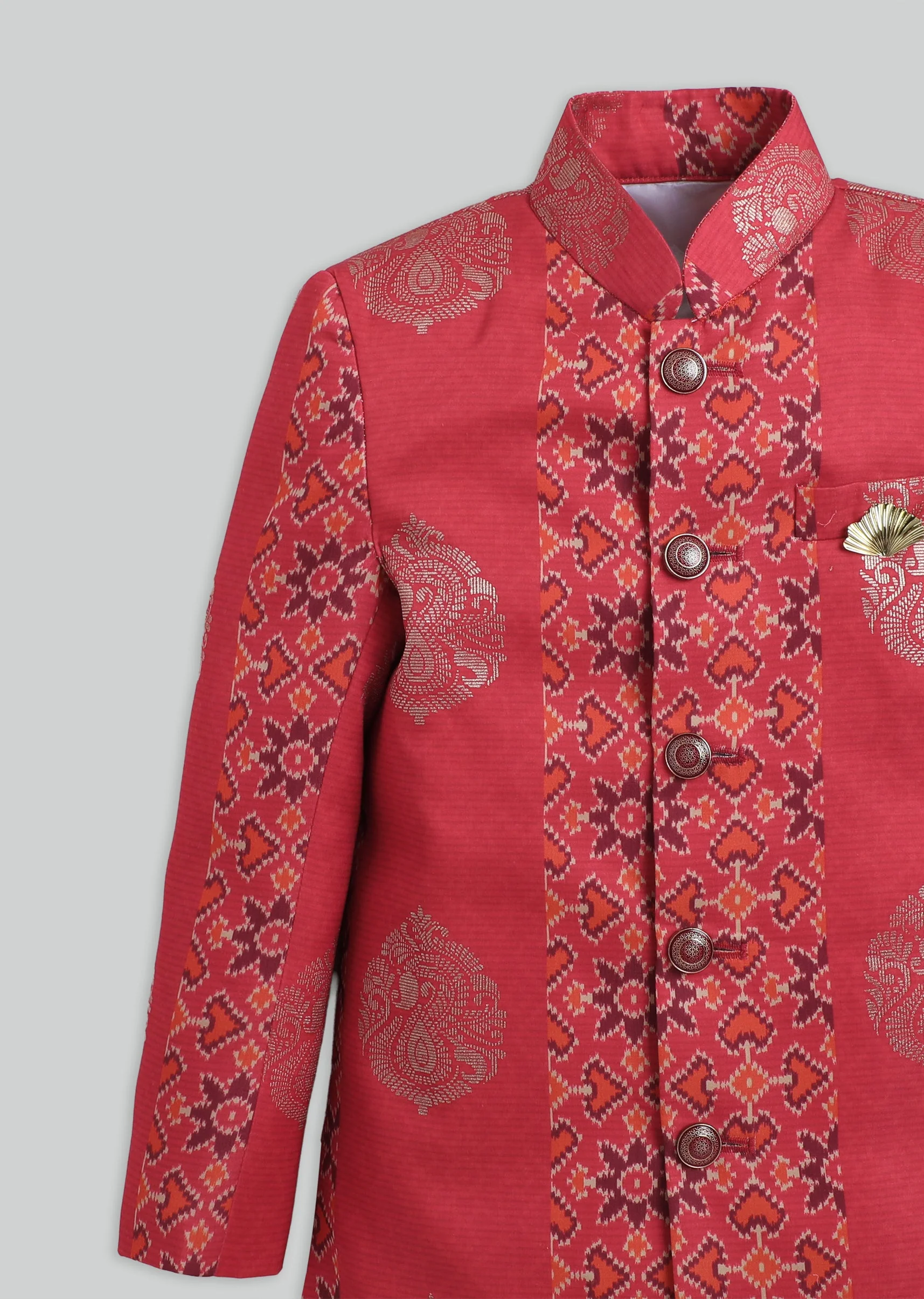 Red Foil Printed Kurta Set For Boys - Image 5