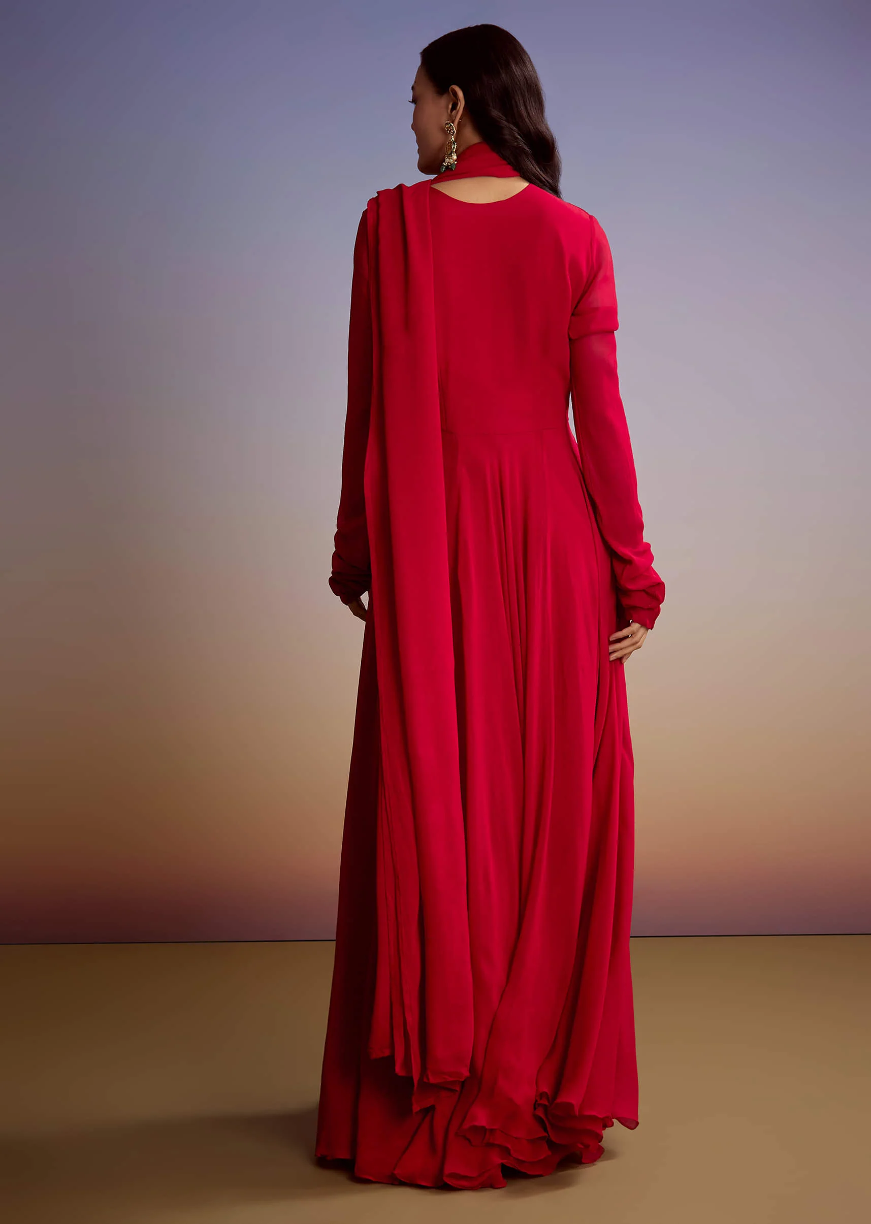 Red Georgette Anarkali Suit With Zari And Sequins Work - Image 5