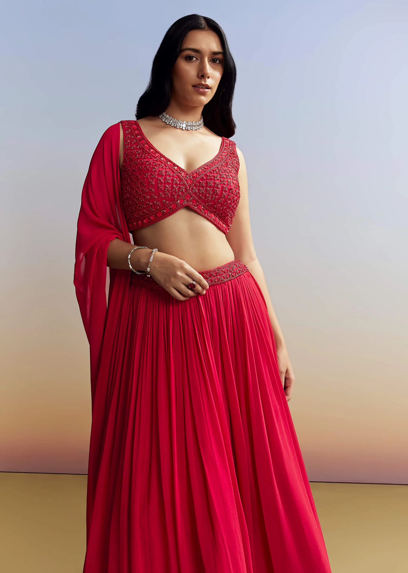 Red Georgette Lehenga with Cut Dana Choli - Image 4