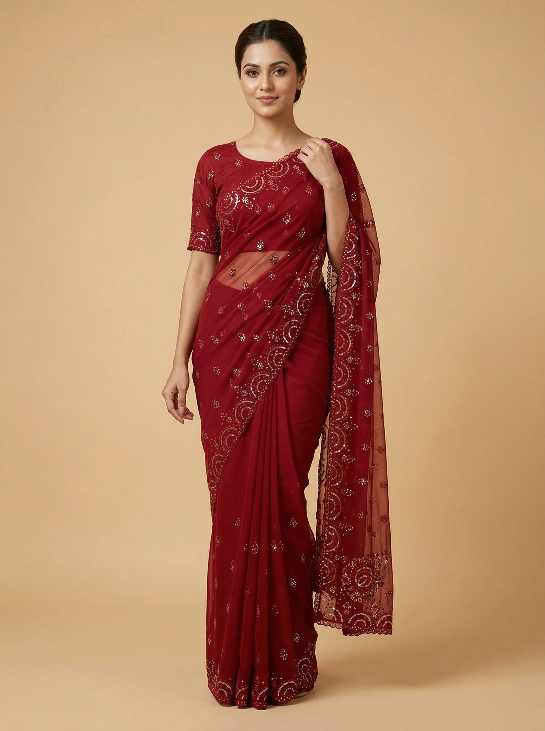 Red Grand-Tone Embroidered Saree