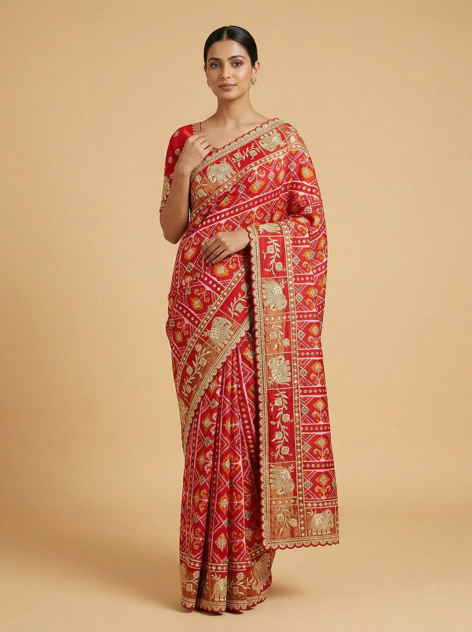 Red Green Dual-Tone Embroidered Saree