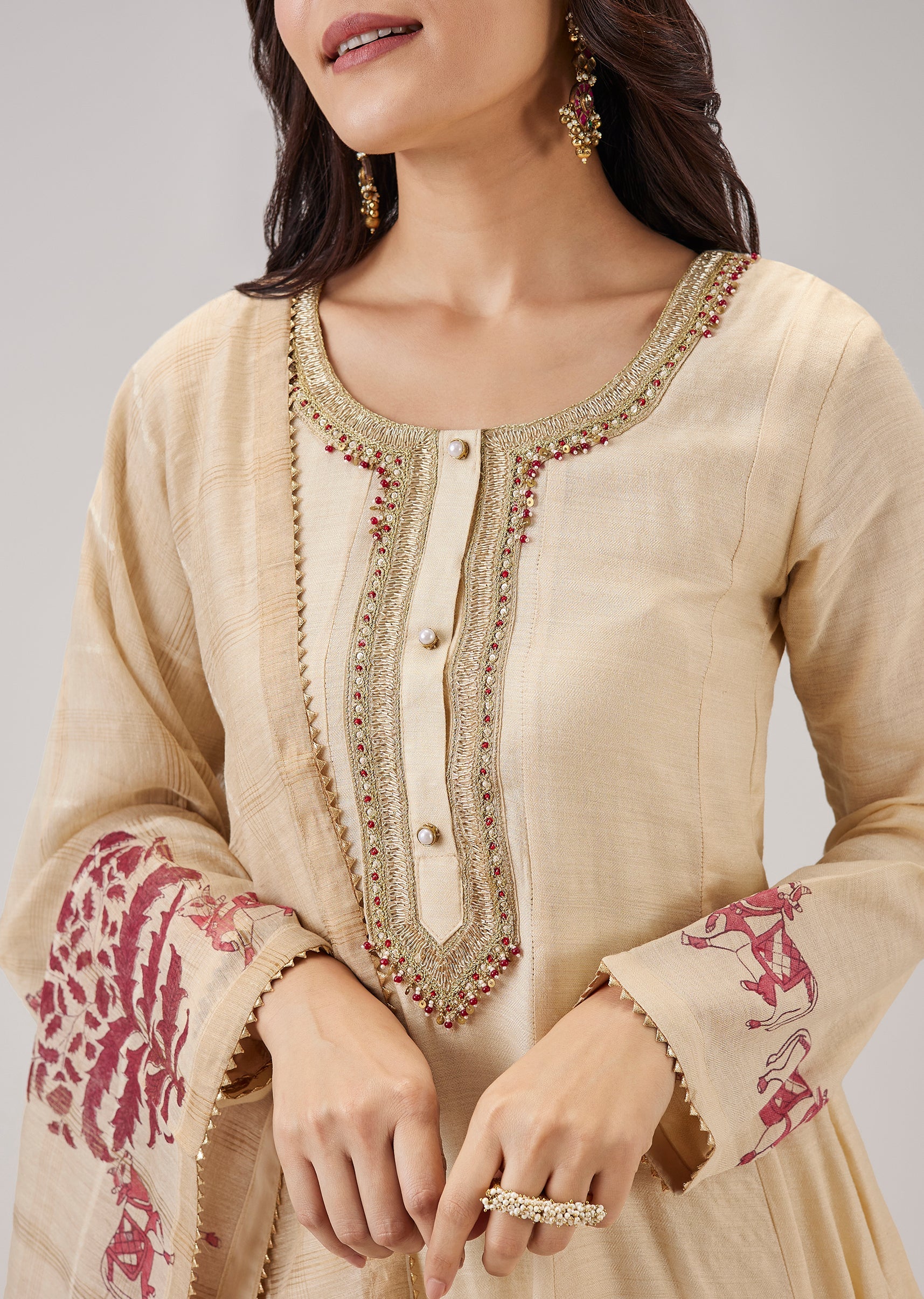 Red Hand Block Print Anarkali With Zardosi Work - Image 2