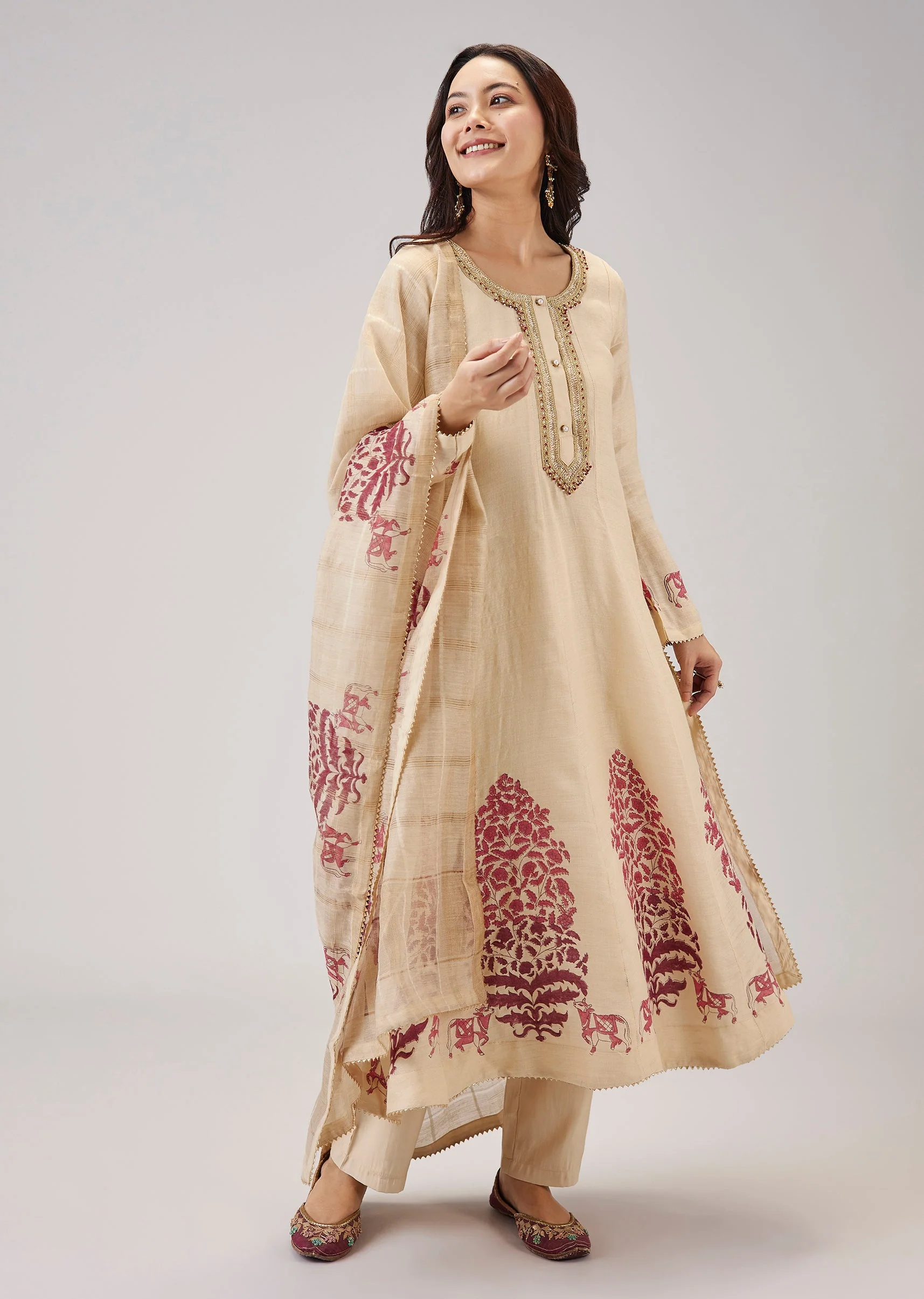 Red Hand Block Print Anarkali With Zardosi Work - Image 3