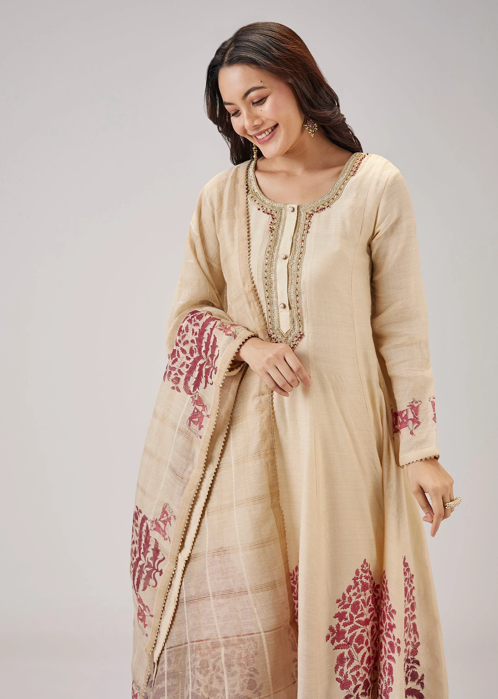 Red Hand Block Print Anarkali With Zardosi Work - Image 4