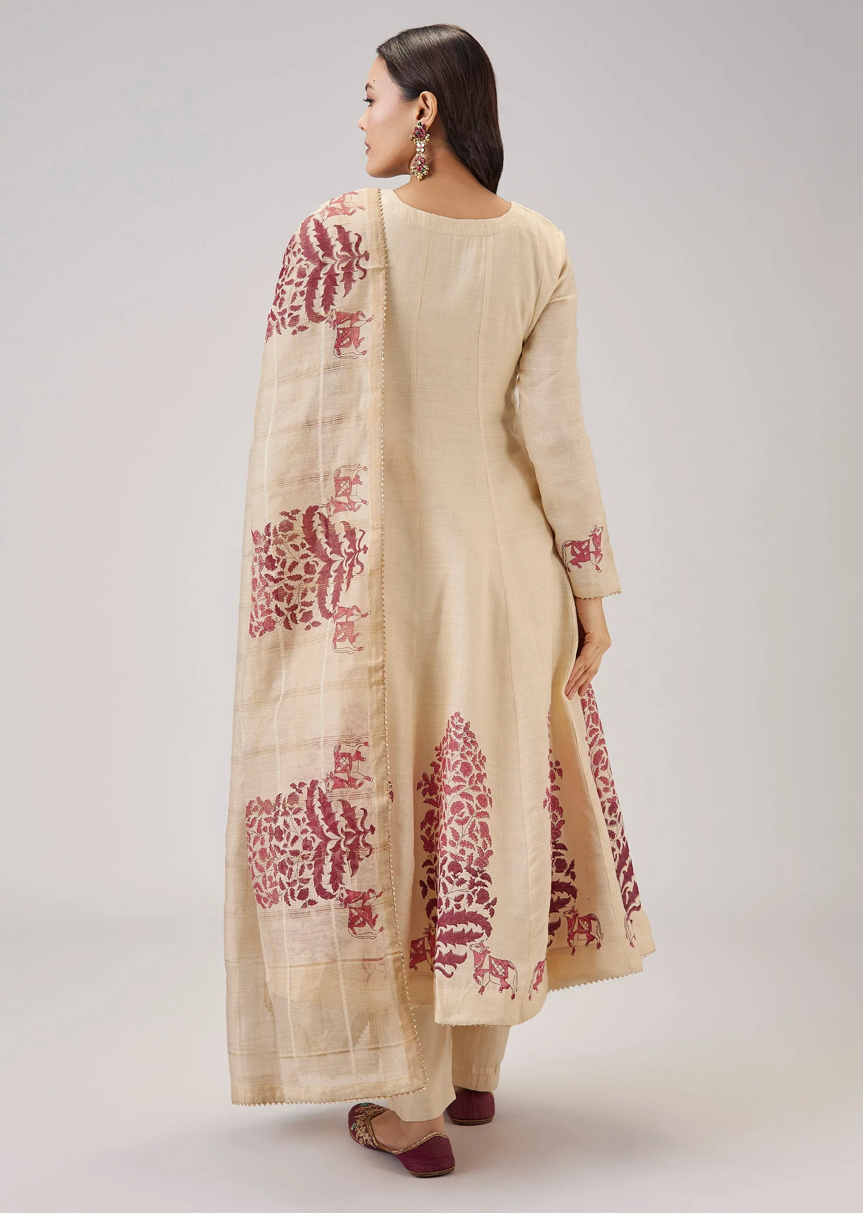 Red Hand Block Print Anarkali With Zardosi Work - Image 5