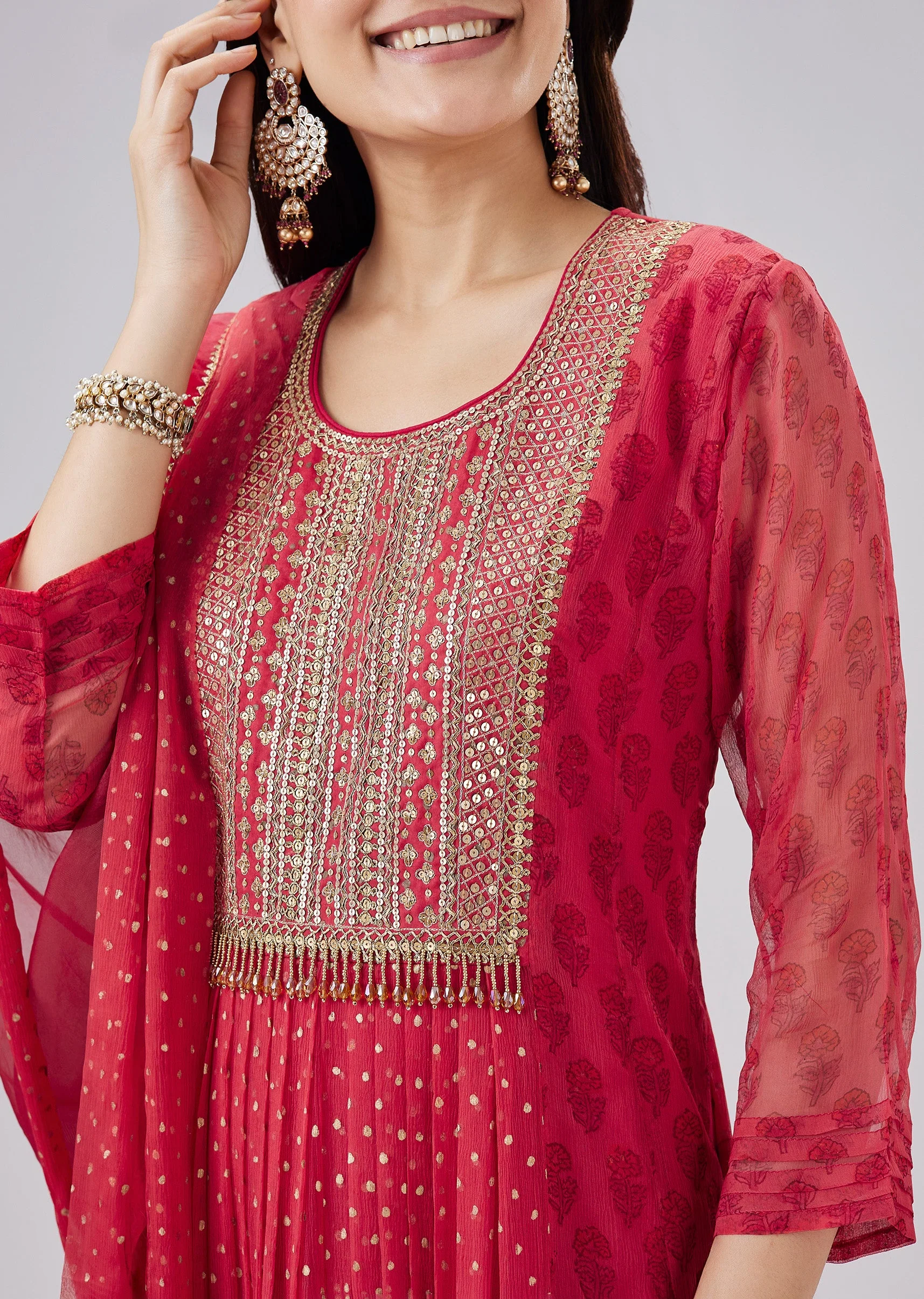 Red Hand Block Printed Chiffon Anarkali Set With Dupatta - Image 3