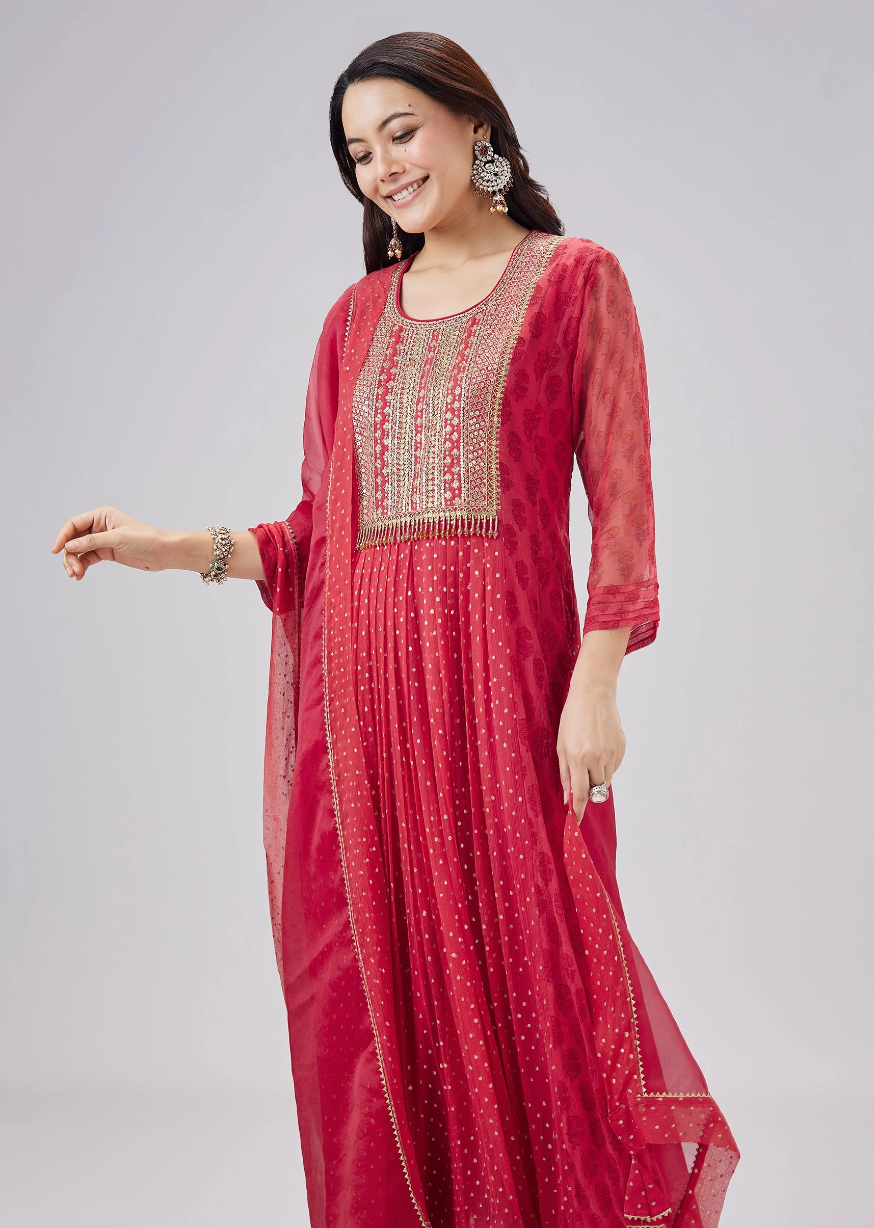 Red Hand Block Printed Chiffon Anarkali Set With Dupatta - Image 4