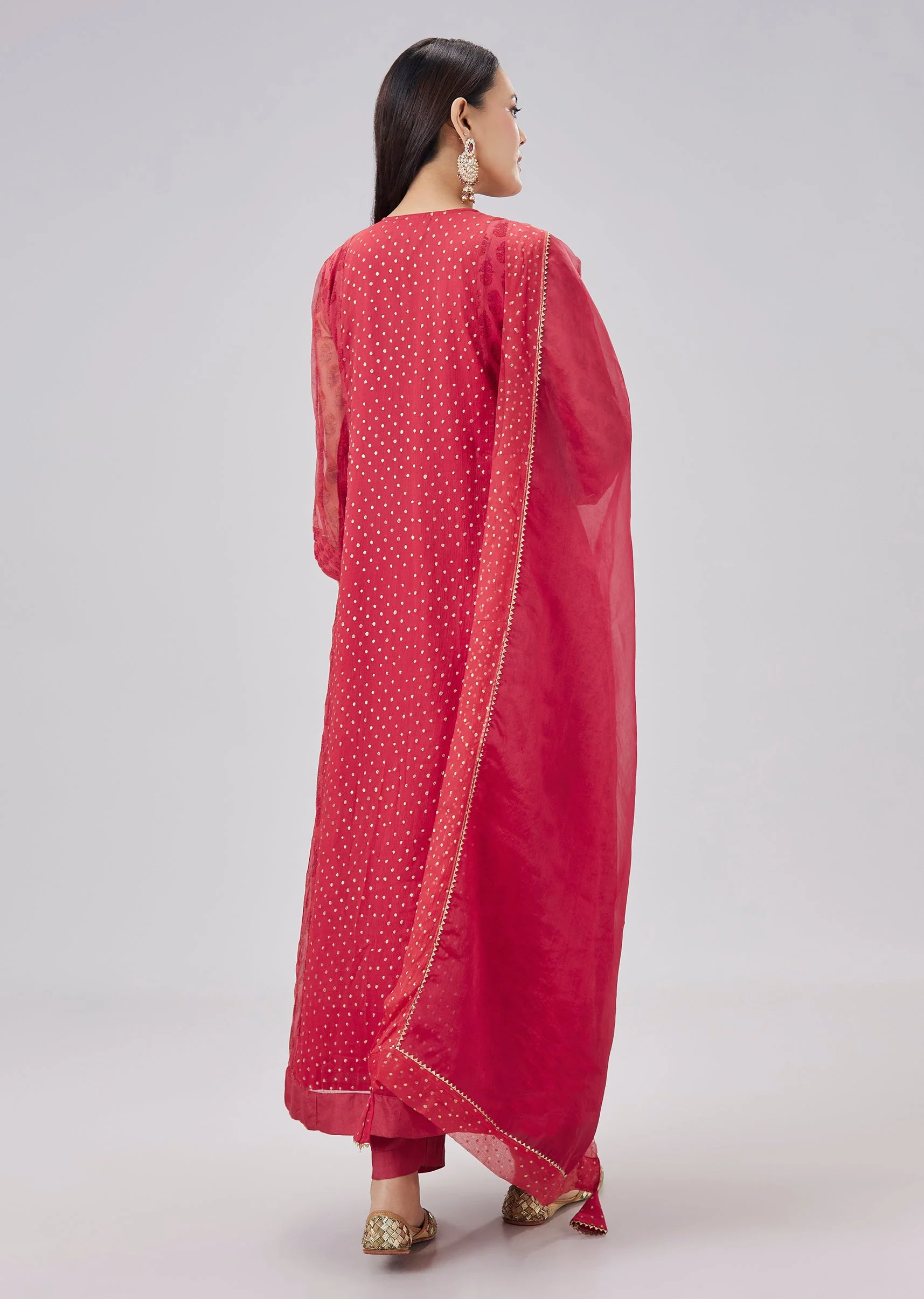 Red Hand Block Printed Chiffon Anarkali Set With Dupatta - Image 5