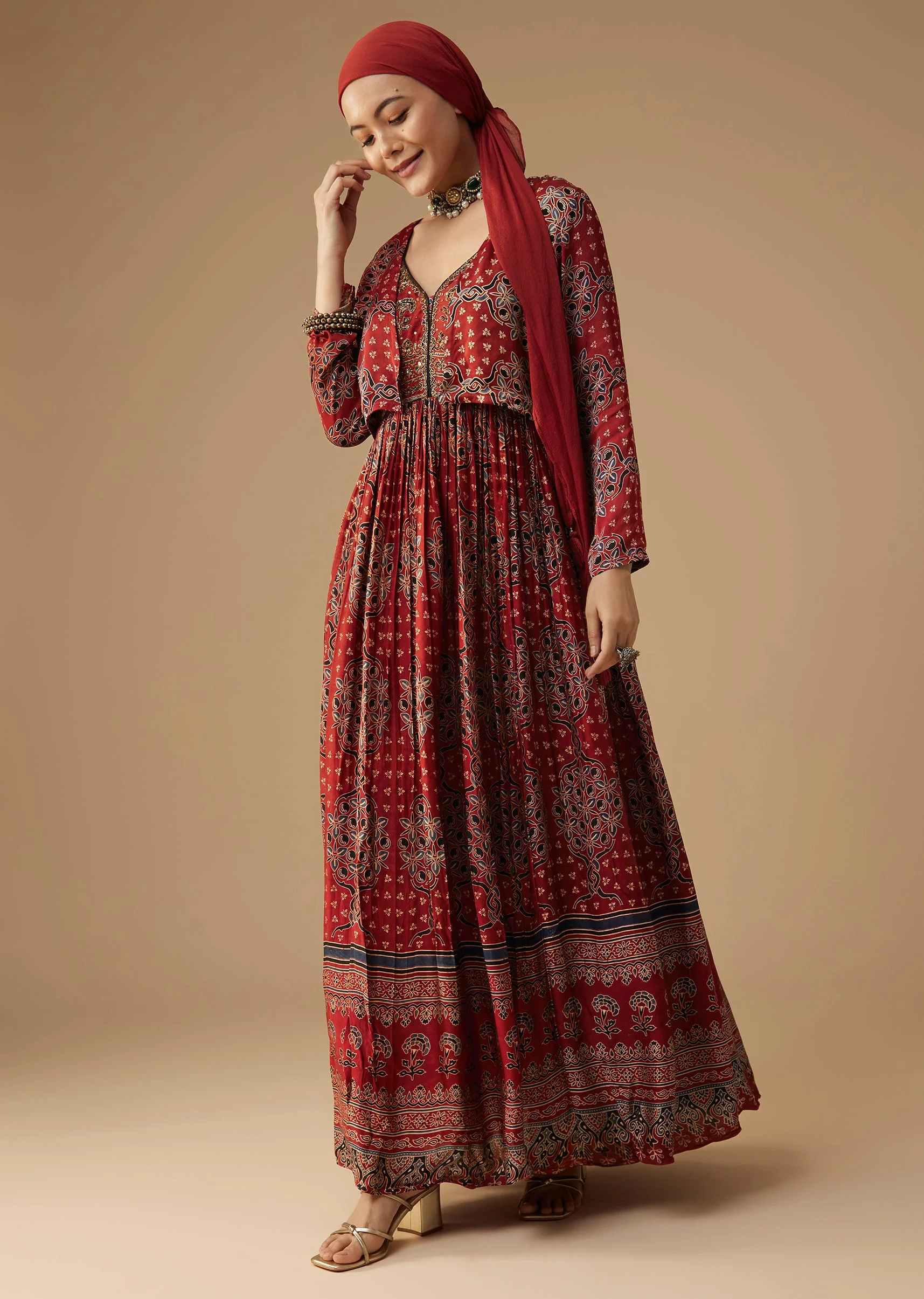 Red Hand Dyed Ajrakh Gown with Jacket and Scarf - Image 3