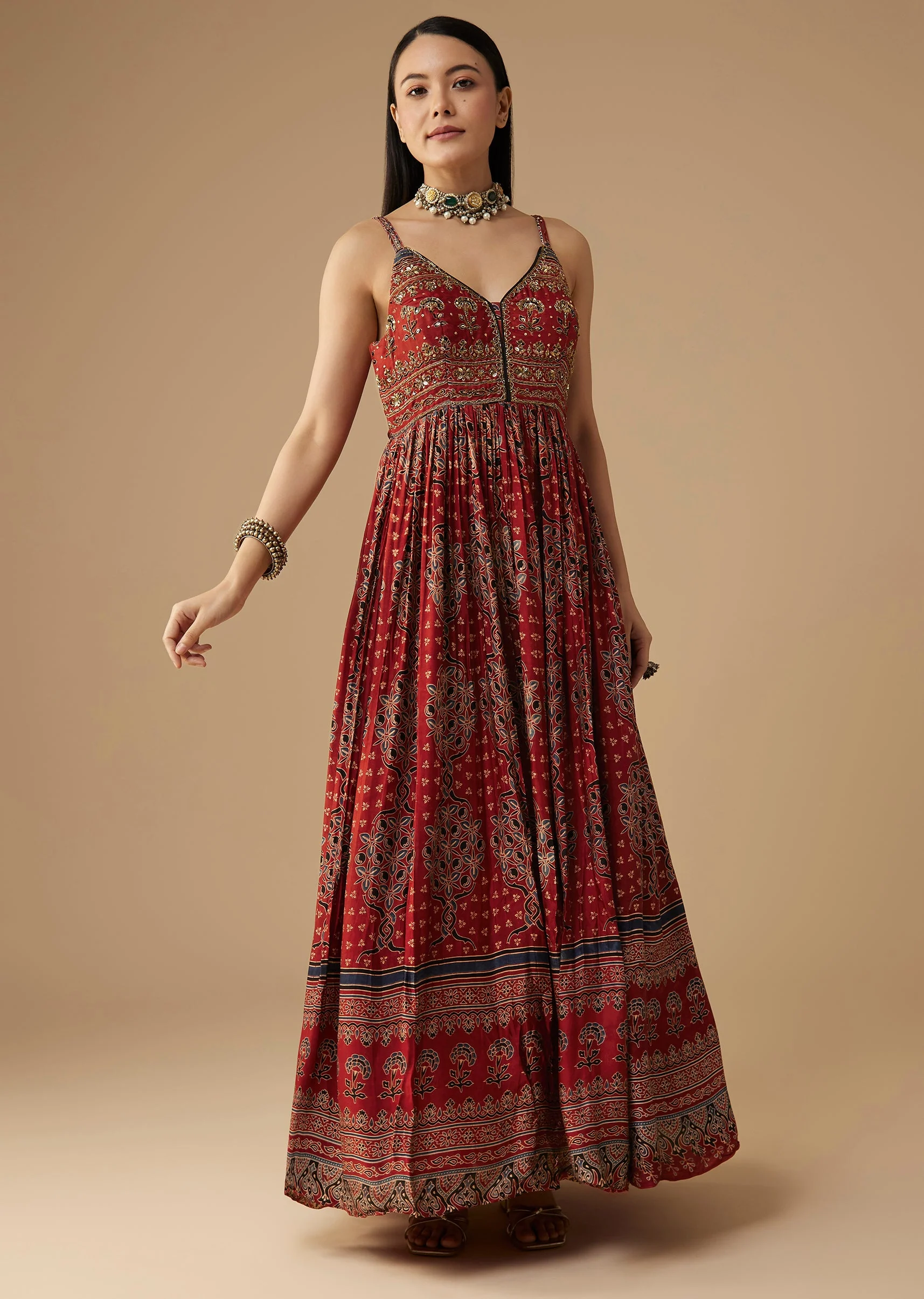 Red Hand Dyed Ajrakh Gown with Jacket and Scarf - Image 6