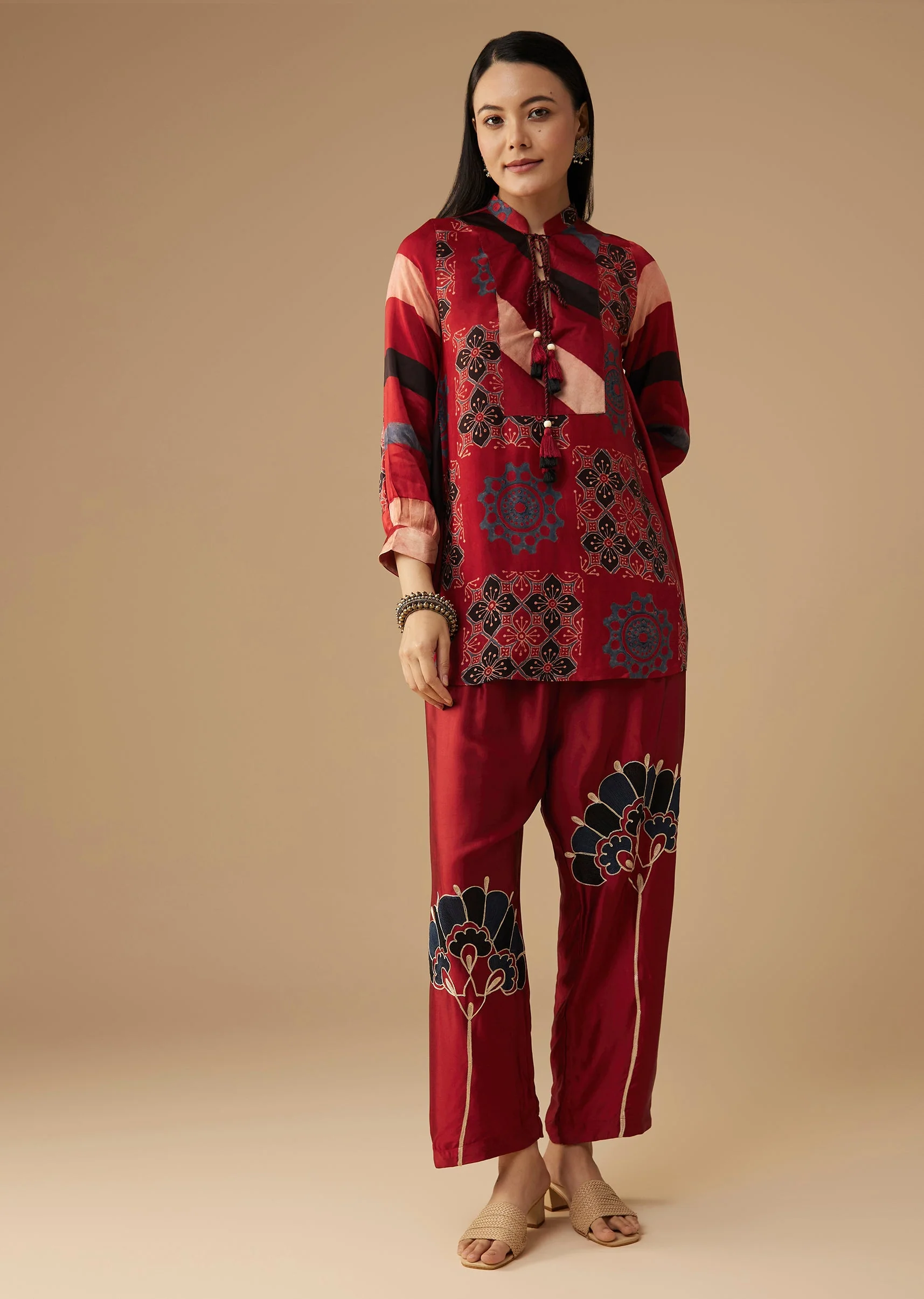 Red Hand Dyed Ajrakh Tunic and Pant Set - Image 3